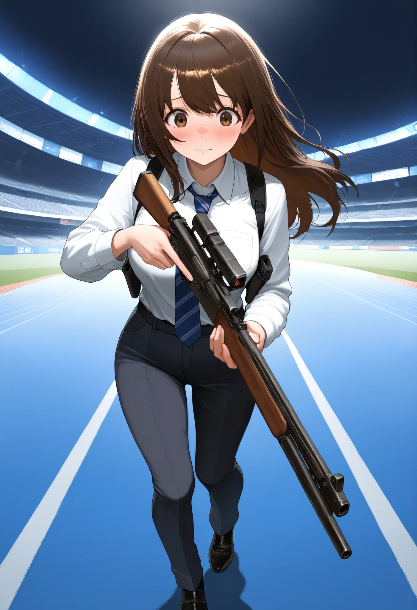 masterpiece, best quality, highly detailed, detailed background, high resolution, 8k, professional, full shot, 1girl, 22 years old, solo, solo focus, dark brown hair, long hair, tareme, hazel brown eyes, beautiful detailed eyes, beautiful detailed face, cute face, perfect hands, complete fingers, light blue collared shirt, long sleeves, shoulder holster, blue striped necktie, (pants, green slacks), black shoes, blush, shy and scared expression, klutzy posture, tokyo stadium backdrop, outdoors, adventurous atmosphere, ideal composition, running towards the viewer, looking away, holding a rifle, e11blstr, cinematic lighting