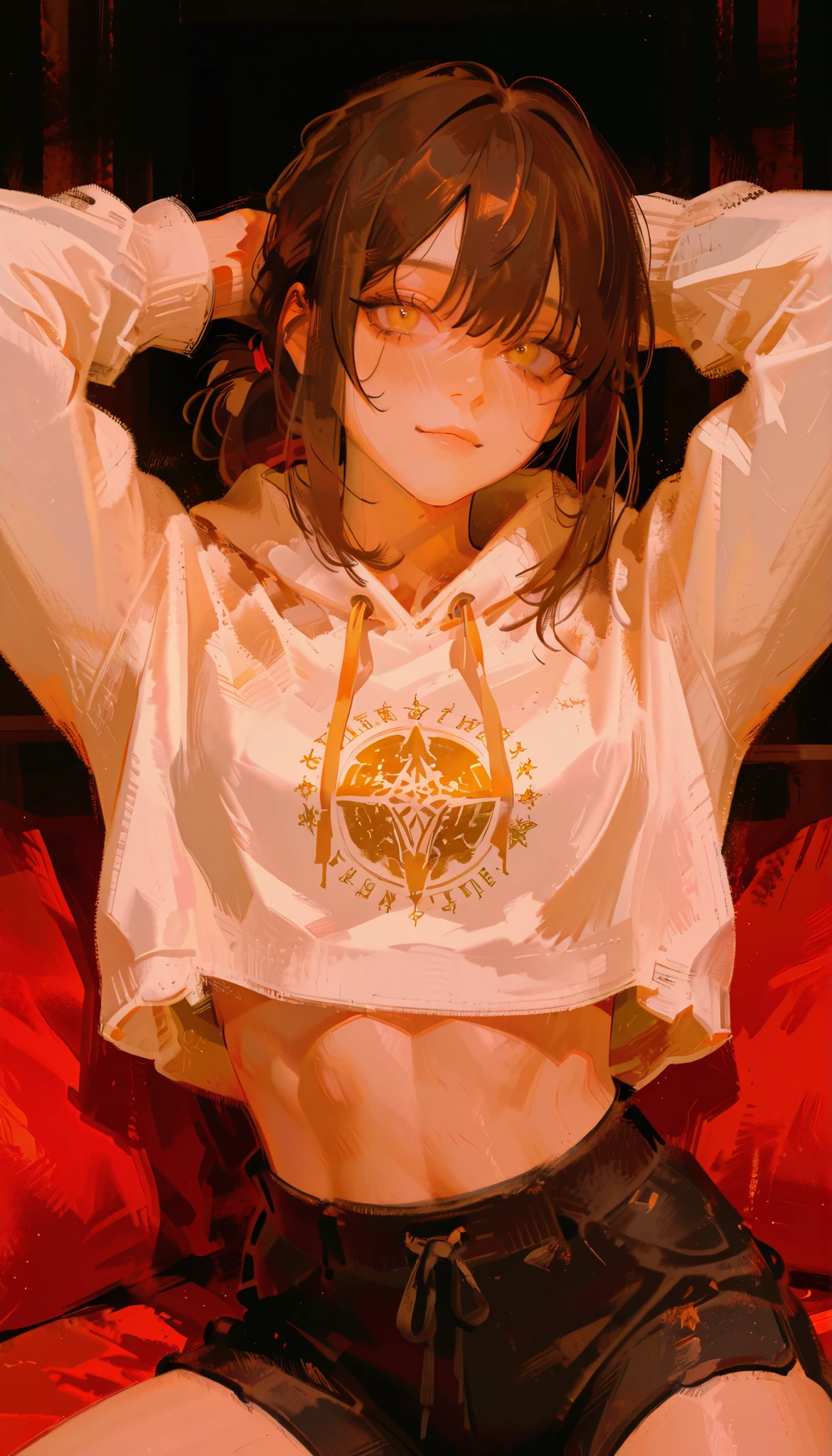 An anime-style illustration features a young woman with dark hair tied back in a loose ponytail. Her large, expressive eyes are highlighted by a warm, rust-brown color, and her cheeks have a noticeable blush, suggesting an emotional or surprised expression. She wears a light gray cropped hoodie, which reveals a small part of her toned midriff. Her pose, with arms slightly raised and fingers extended delicately, adds a sense of movement and personality to the image. The woman's outfit includes black, high-waisted athletic shorts that accentuate a casual, sporty look. The background is a plain white, drawing full attention to her striking features and clothing. The simplicity of the composition emphasizes the character's emotional expression, creating a sense of immediacy and personal engagement.