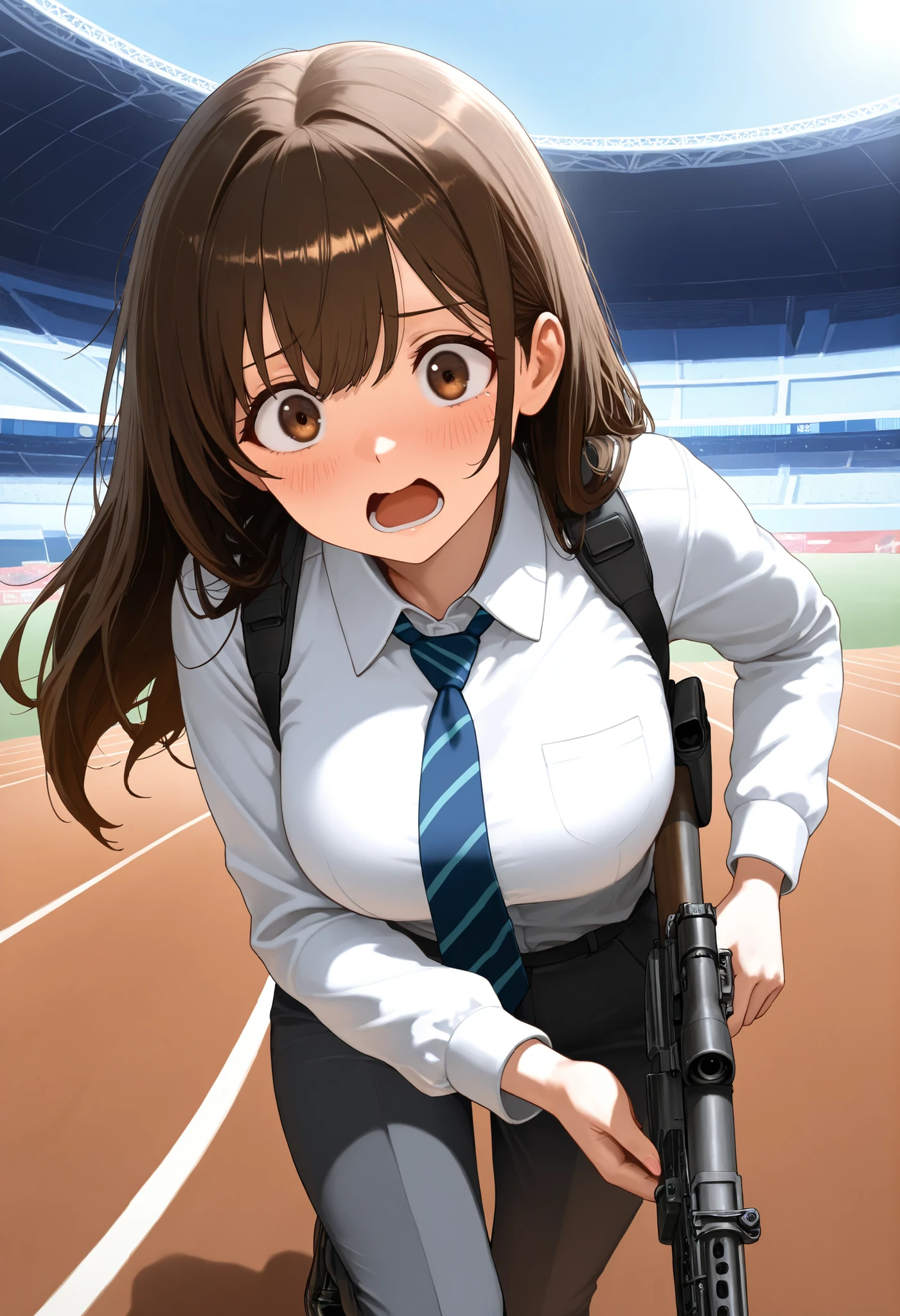 masterpiece, best quality, highly detailed, detailed background, high resolution, 8k, professional, full shot, 1girl, 22 years old, solo, solo focus, dark brown hair, long hair, tareme, hazel brown eyes, beautiful detailed eyes, beautiful detailed face, cute face, perfect hands, complete fingers, light blue collared shirt, long sleeves, shoulder holster, blue striped necktie, (pants, green slacks), black shoes, blush, shy and scared expression, klutzy posture, tokyo stadium backdrop, outdoors, adventurous atmosphere, ideal composition, running towards the viewer, looking away, holding a rifle, e11blstr, open mouth, cinematic lighting
