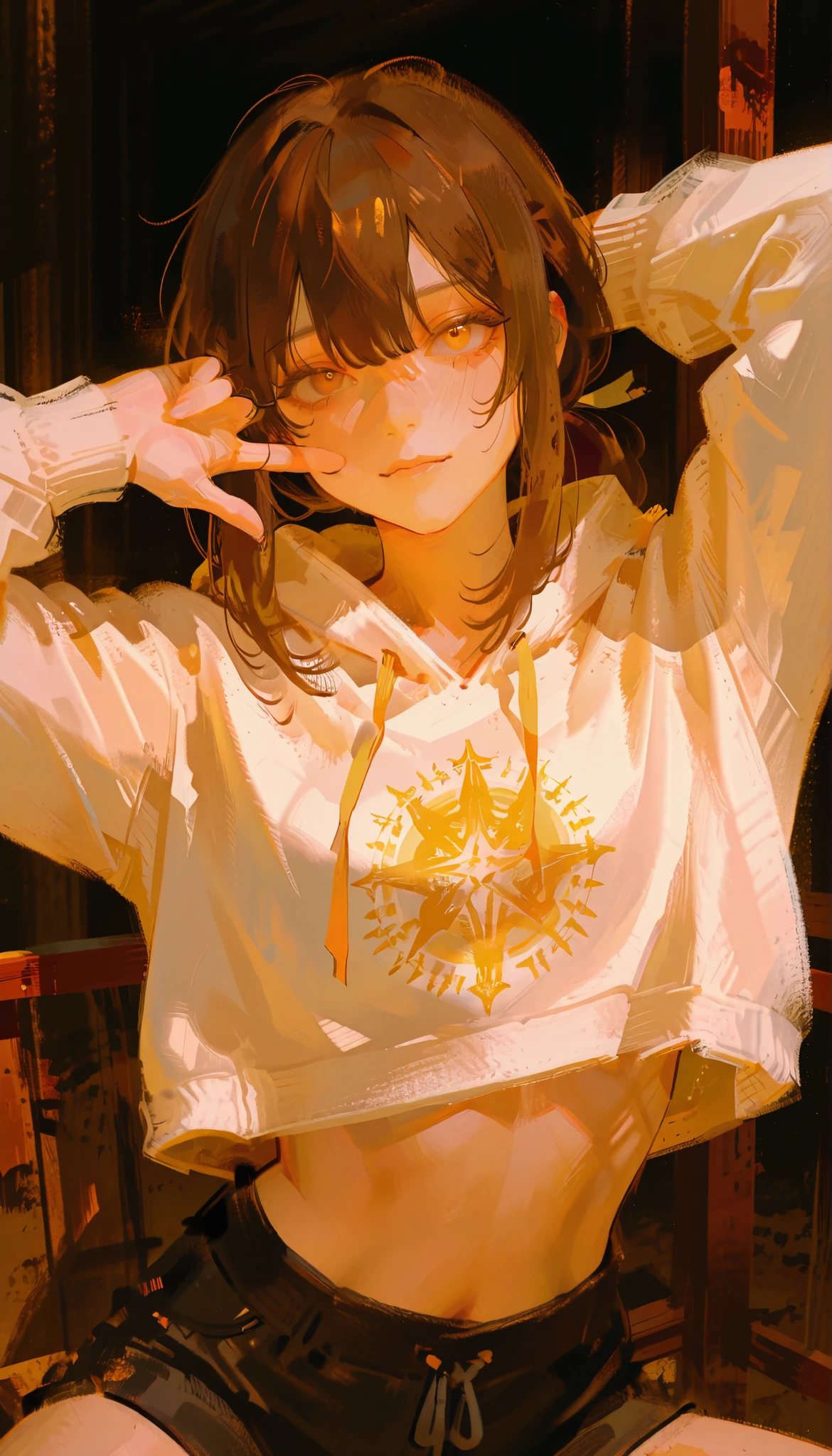 床から見上げる撮影、An anime-style illustration features a young woman with dark hair tied back in a loose ponytail. Her large, expressive eyes are highlighted by a warm, rust-brown color, and her cheeks have a noticeable blush, suggesting an emotional or surprised expression. She wears a light gray cropped hoodie, which reveals a small part of her toned midriff. Her pose, with arms slightly raised and fingers extended delicately, adds a sense of movement and personality to the image. The woman's outfit includes black, high-waisted athletic shorts that accentuate a casual, sporty look. The background is a plain white, drawing full attention to her striking features and clothing. The simplicity of the composition emphasizes the character's emotional expression, creating a sense of immediacy and personal engagement.