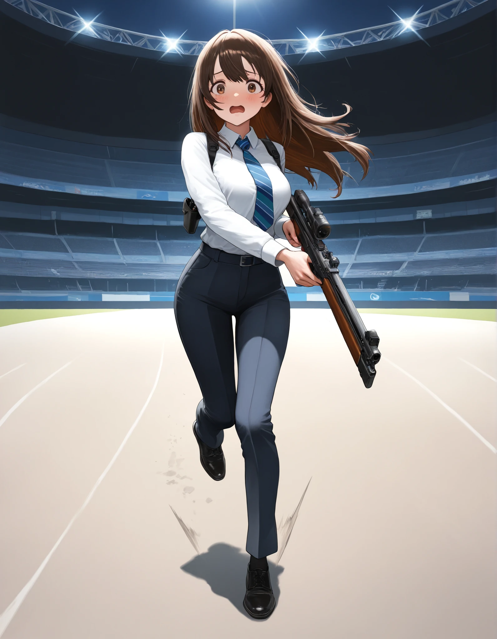 masterpiece, best quality, highly detailed, detailed background, high resolution, 8k, professional, full shot, 1girl, 22 years old, solo, solo focus, dark brown hair, long hair, tareme, hazel brown eyes, beautiful detailed eyes, beautiful detailed face, cute face, perfect hands, complete fingers, light blue collared shirt, long sleeves, shoulder holster, blue striped necktie, (pants, green slacks), black shoes, blush, shy and scared expression, klutzy posture, tokyo stadium backdrop, outdoors, adventurous atmosphere, ideal composition, running towards the viewer, looking away, holding a rifle, e11blstr, open mouth, cinematic lighting