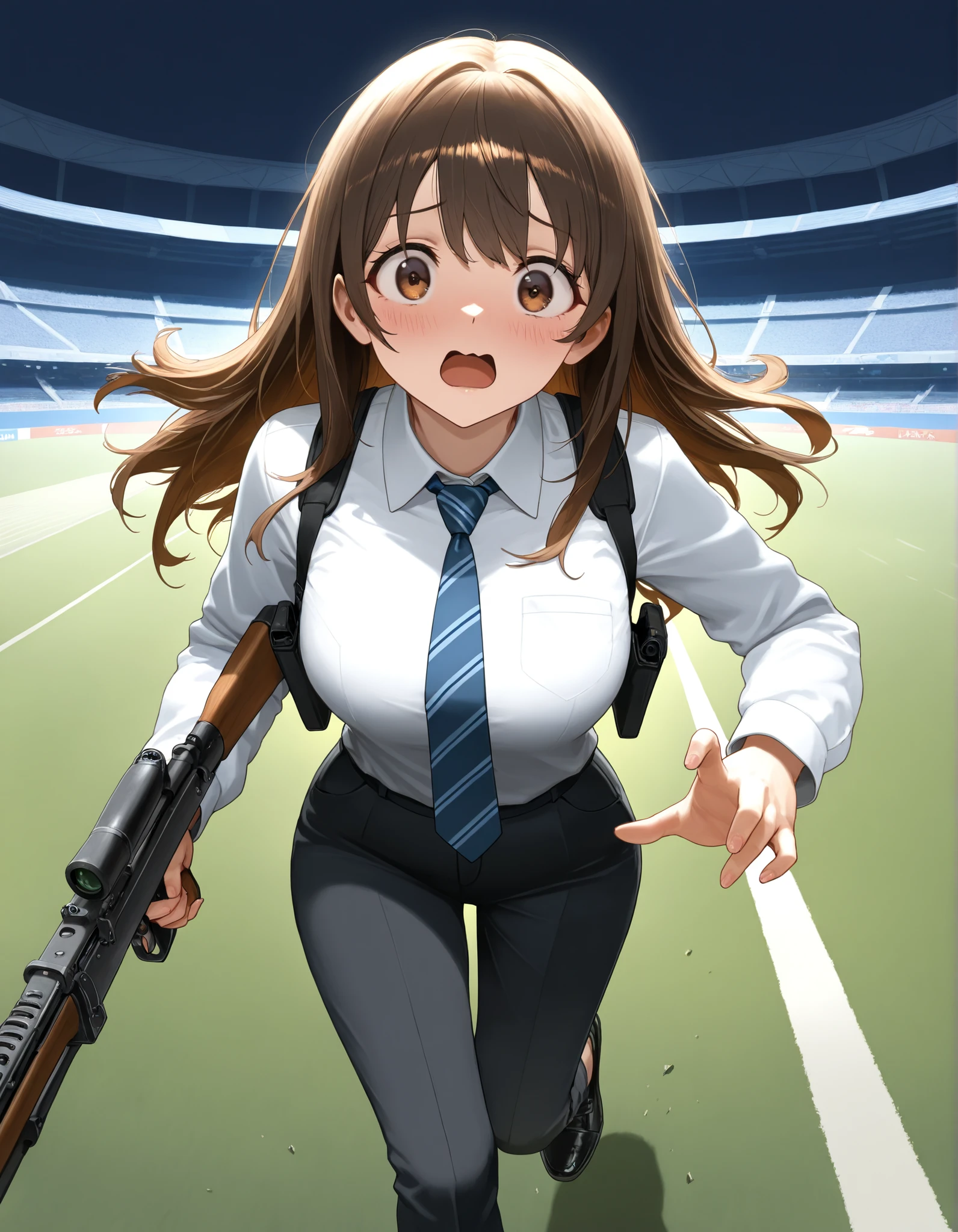 masterpiece, best quality, highly detailed, detailed background, high resolution, 8k, professional, full shot, 1girl, 22 years old, solo, solo focus, dark brown hair, long hair, tareme, hazel brown eyes, beautiful detailed eyes, beautiful detailed face, cute face, perfect hands, complete fingers, light blue collared shirt, long sleeves, shoulder holster, blue striped necktie, (pants, green slacks), black shoes, blush, shy and scared expression, klutzy posture, tokyo stadium backdrop, outdoors, adventurous atmosphere, ideal composition, running towards the viewer, looking away, holding a rifle, e11blstr, open mouth, cinematic lighting