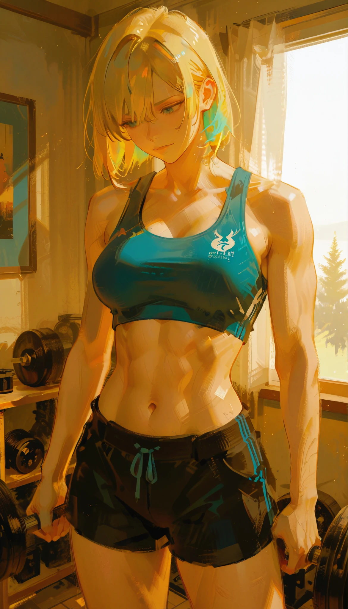 adds the dynamic atmosphere of the image, the focus is on her figure. enhances the physical strength and sense of diligence in her posture {x} Her outfit is a blue sports bra and black high-waisted shorts with blue side stripes, accentuate clear muscles. Arms and shoulders are particularly muscular, create a fine line of tension、suggests a strong and athletic physique. she's dark, unkempt short hair, that suggests a strong and athletic physique. Uniform lighting, give off smooth highlights on the skin, emphasizes muscle curves and a sense of clarity. background is simple, neutral gray, The overall vibe is full of strength and confidence. hands are held in front of the body, that is emphasized by postural tension、wearing sportswear that fits her body perfectly. muscular A woman is standing with her legs slightly open, they exude an atmosphere of slight determination while.