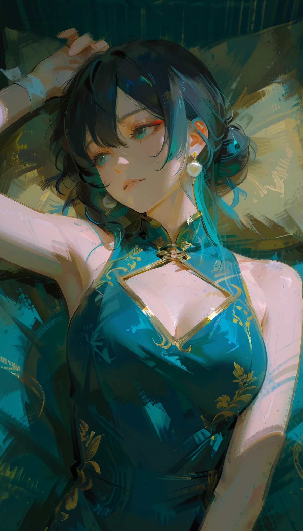 Aerial photography、taken from above、The woman is depicted in a highly stylized manner, Reminiscent of classical and video game character art. She's lost in the, The fitted, sleeveless, cheongsam-style top, Predominantly dark blue, Accentuated with gold trim and detailing. HER SKIN IS SMOOTH, An almost glowing texture, Highlights ideal anatomy and shape. Her hair is styled in a traditional style, Her hair is tied up in a large bun wrapped with a white silk ribbon. She is wearing large pearl earrings, Adds to the elegance of the ensemble. The background is painted in a muted teal、Gives a textured finish, Complements the subject's outfit、Brings focus to the figure. The lighting is soft and direct, Highlights the contours of her physique and the shiny fabric of her outfit, Gives an overall impression of strength and elegance.