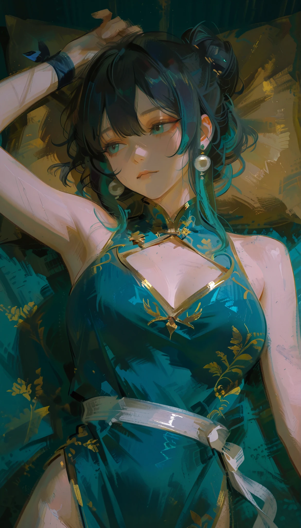 Aerial photography、taken from above、The woman is depicted in a highly stylized manner, Reminiscent of classical and video game character art. She's lost in the, The fitted, sleeveless, cheongsam-style top, Predominantly dark blue, Accentuated with gold trim and detailing. HER SKIN IS SMOOTH, An almost glowing texture, Highlights ideal anatomy and shape. Her hair is styled in a traditional style, Her hair is tied up in a large bun wrapped with a white silk ribbon. She is wearing large pearl earrings, Adds to the elegance of the ensemble. The background is painted in a muted teal、Gives a textured finish, Complements the subject's outfit、Brings focus to the figure. The lighting is soft and direct, Highlights the contours of her physique and the shiny fabric of her outfit, Gives an overall impression of strength and elegance.