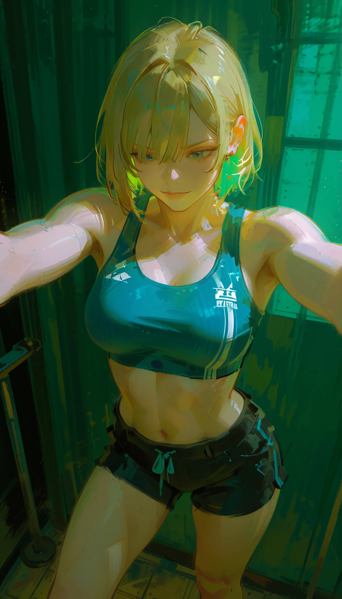 Aerial photography、 from above 、fisheye lens、adds the dynamic atmosphere of the image, the focus is on her figure. enhances the physical strength and sense of diligence in her posture {x} Her outfit is a blue sports bra and black high-waisted shorts with blue side stripes, accentuate clear muscles. Arms and shoulders are particularly muscular, create a fine line of tension、suggests a strong and athletic physique. she's dark, unkempt short hair, that suggests a strong and athletic physique. Uniform lighting, give off smooth highlights on the skin, emphasizes muscle curves and a sense of clarity. background is simple, neutral gray, The overall vibe is full of strength and confidence. hands are held in front of the body, that is emphasized by postural tension、wearing sportswear that fits her body perfectly. muscular A woman is standing with her legs slightly open, they exude an atmosphere of slight determination while.