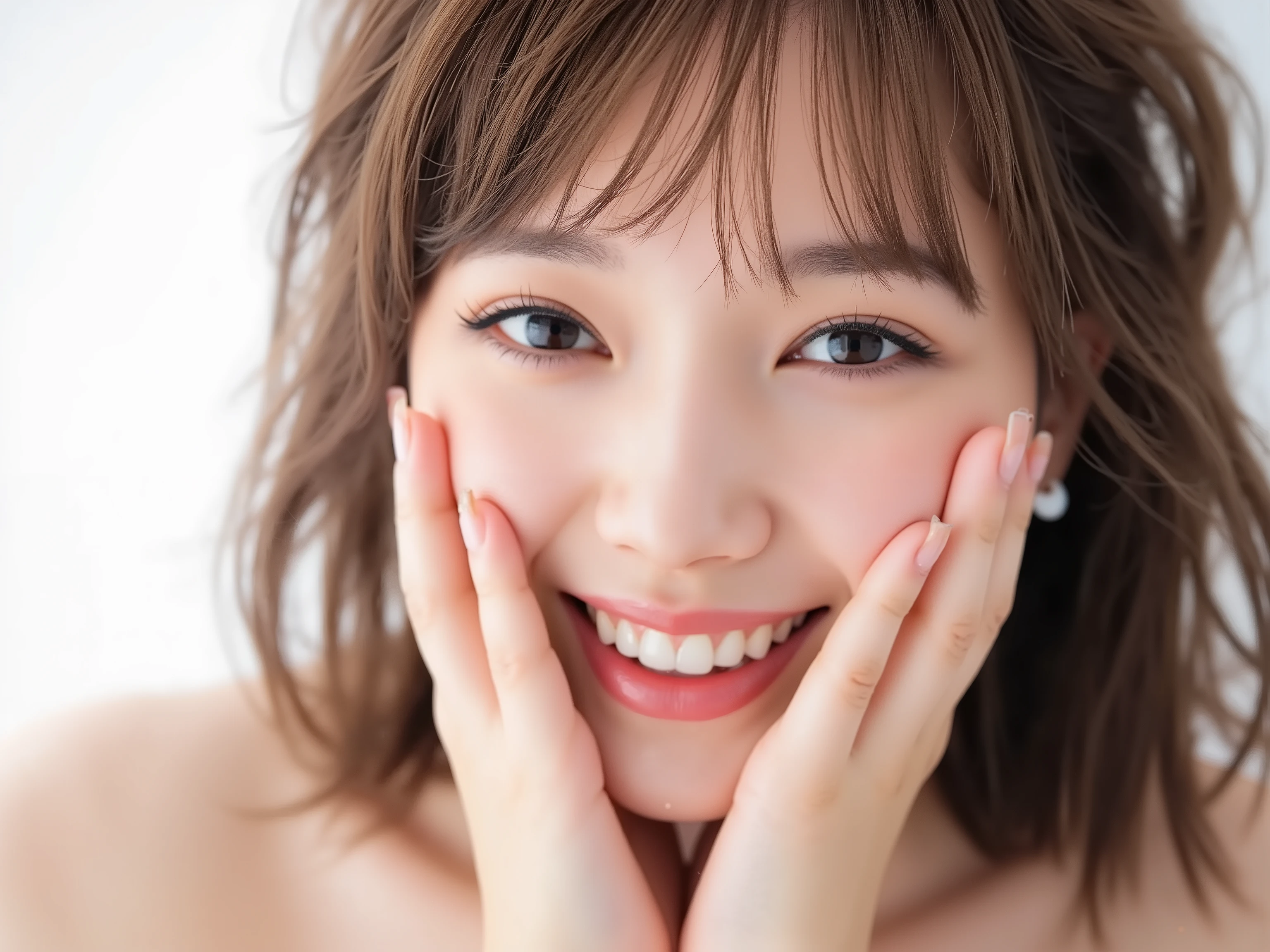 (Refined from an old photo, recreated in a modern, ultra high-quality photorealistic style, with a trendy Reiwa-era hairstyle: soft semi-long hair with natural waves and airy see-through bangs),
Ultra photorealistic close-up portrait of a beautiful Japanese woman,
upper-body shot, wearing a black outfit (completely out of frame, not visible),
shoulders and collarbone softly exposed,
both hands pressing her cheeks in a shy, lovestruck pose,
sparkling eyes gazing dreamily at the viewer with overwhelming affection,
cheeks blushing deeply with a sweet reddish glow,
soft glossy lips curved into a bright, full, lovestruck smile,
expression melting with love, playful, dreamy, adorably bashful,
purely cute and lovestruck, overflowing with affection and warmth,
realistic skin with detailed pores, subtle freckles, natural uneven tones,
tiny imperfections for realism, soft peach fuzz visible,
hair rendered with individual strands, slightly messy flow, natural matte shine,
soft diffused cinematic lighting, natural depth,
background pure white with gentle blur,
(masterpiece, best quality, high resolution, intimate romantic close-up, cinematic magazine cover style)