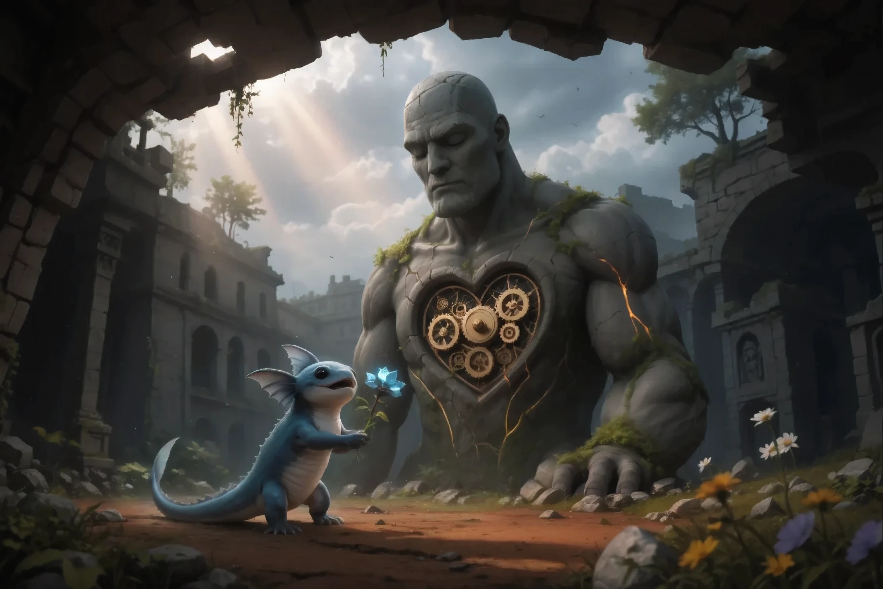 best quality, ultra-detailed, Highest resolution 8K, Cinematic emotional static frame, 8K UHD, extremely detailed, physical visualization, masterpiece, HDR, (sfw:1.4),
Character_Fuli, , a small blue creature with 2 fins on its head, hands out a blue flower like ears to a huge stone giant kneeling. There is an open mechanical heart in the giant's chest. The giant has two extinct, barely warm eyes on his stone head. The giant's stone body is covered with moss. The giant's heart consists of many steampunk gold and bronze gears behind the magic veil and with glass..
Against the background of an abandoned ruin, the temple is cold. Ruined stone buildings in the background. we are inside. The roof is made of stone with holes and collapses.
Numerous wildflowers in the foreground.
gloomy sky. Dark frame. Dark style. Rays of warm light fall from the sky from behind the clouds, illuminating the brown earth in separate warm areas.