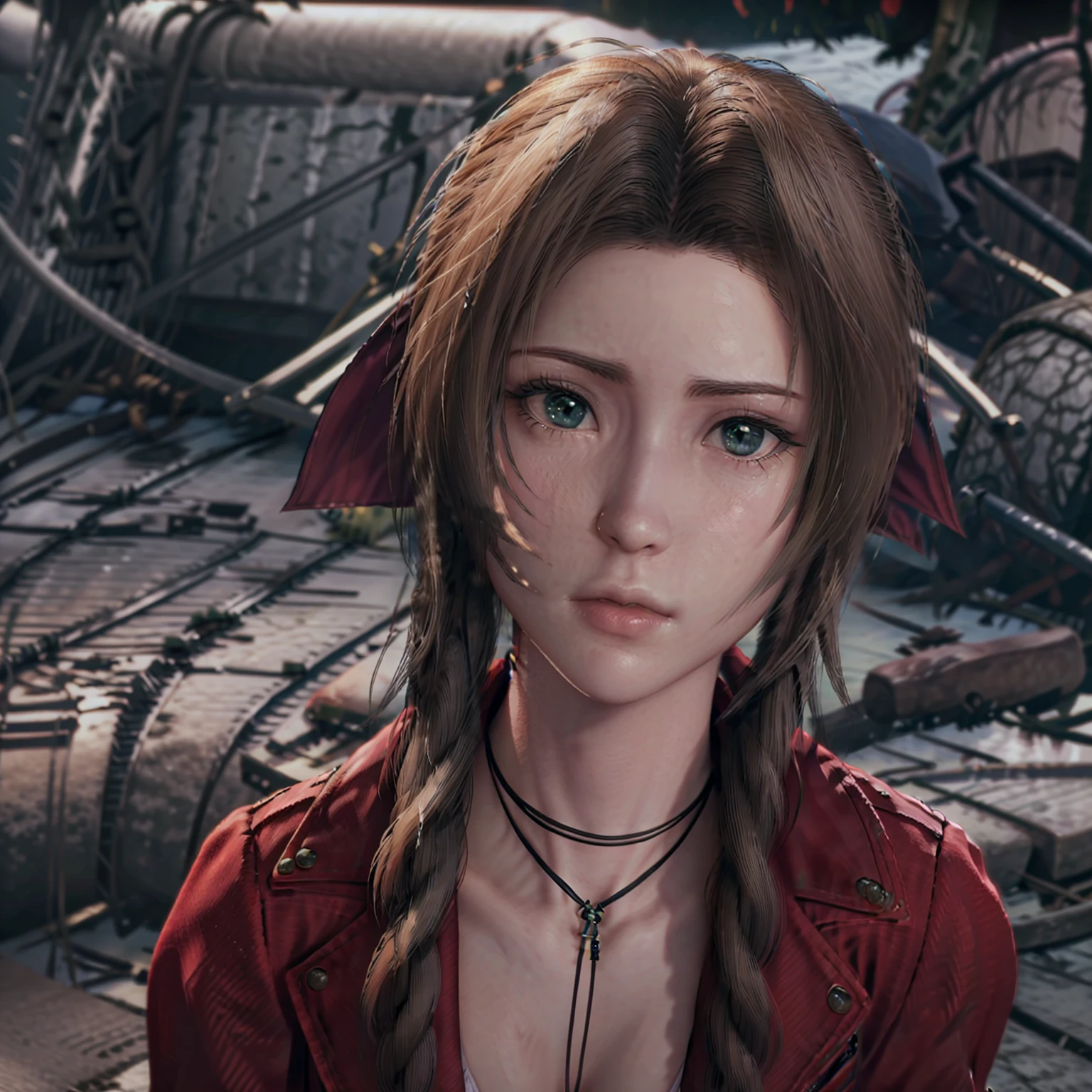 1girl, Aerith Gainsborough, FF7Aerith, 1girl, brown hair, green eyes, long hair, braided ponytail, standing, looking at viewer,  masterpiece, best quality, Shiny skin, ruins background, Close up, From above, Upper body