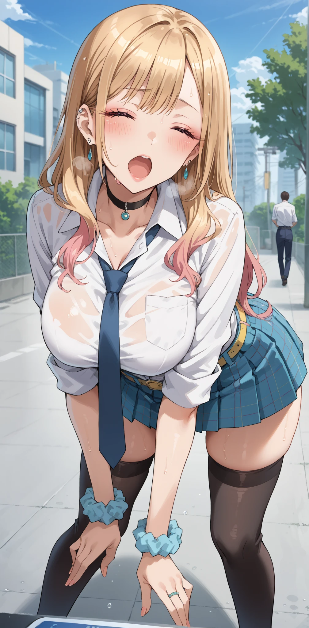 (Full body shot), (((back shot))), back view, (perspective from behind), Tall girl, fit girl, Komi Shouko, Gyaru, Gal, Dark Skin, blonde hair, long hair, purple eyes, earrings, ear piercing, purple hair, source_anime, masterpiece,best quality, huge breasts, flashy gyaru,1girl, jewelry, necktie, earrings, office skirt, tight skirt, blue skirt, belt, yellow belt, belt at waist, breasts, shirt, long_hair, thighhighs, wrist_scrunchie, large_breasts, choker, white_shirt, open_mouth, plaid, blush, collared_shirt, tied_shirt, bangs, solo_focus, school_uniform, red_necktie, outdoors, shirt_tucked_in, black_choker, scrunchie, sleeves_rolled_up, thick thighs, blurry_background, collarbone, white_thighhighs, parted_bangs, skindentation, exhausted, ((bending forward)), (hands touching knees), moaning, heavy breathing, eyes closed, wet, in peril, aroused