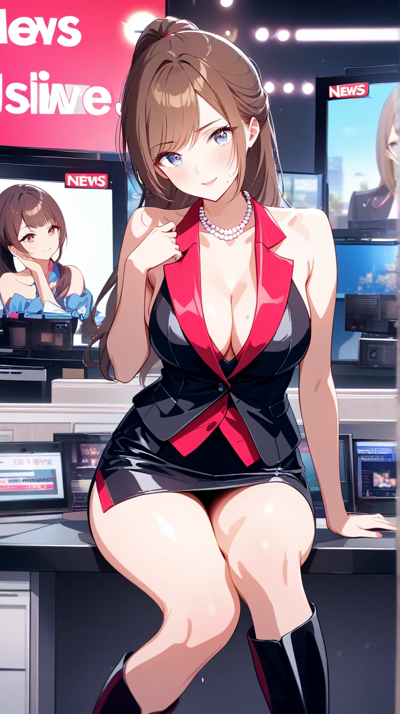 A beautiful woman, fitness body, wide , wide waist, hourglass athletic body, medium , formal wear, short fitted metallic colored low-cut full body short dress, in the office, in a TV station, weather reporter,