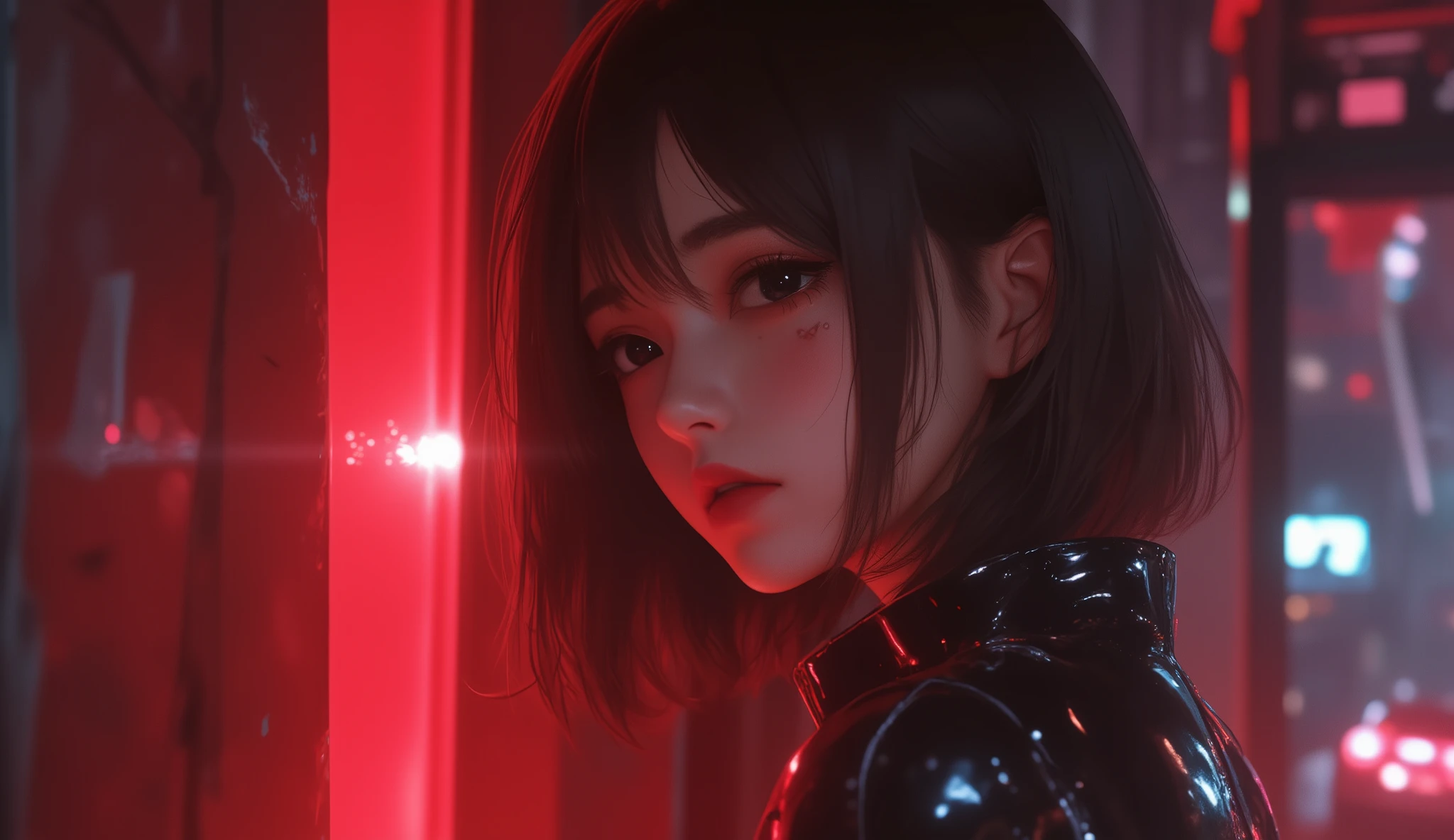 looking away, anime, 1girl , difficult 、 Asian Beauty , Perfect Style, perfect body, small head , frown, realistic skin, anatomically correct, sweat, She's wearing a shiny black rider suit , ( she has her back in close contact with the wall:1.2), She's holding a handgun , She's on guard while being chased by enemies , She has a bruised cheek , Blood、Inside the mechanical wall building 、Red light, sparkle, cinematic lighting, glowing light, 8k, UHD, super detail, best quality, highres, masterpiece, futuristic car on background, futuristic city, masterpeace, best quality