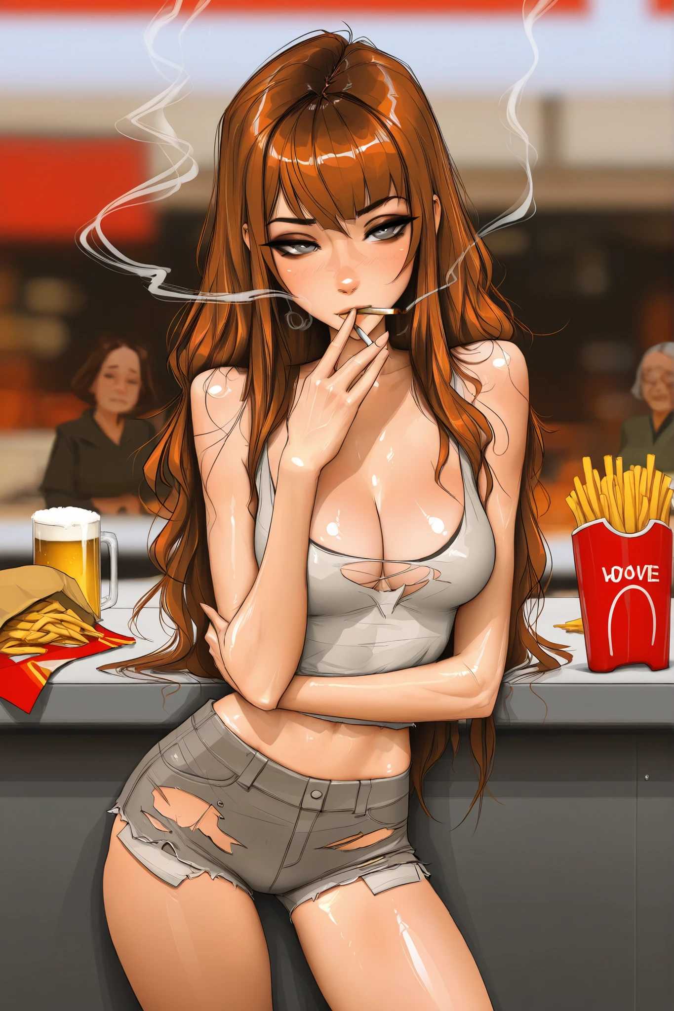 Michelle Trachtenberg, 20 year old woman,  1girl, skinny,  auburn brown hair, gray eyes, eyeliner,   , torn up jean shorts, , sam yang, shirow masamune art style, masterpiece, best quality, very aesthetic, movie quality, depth of field, soft saturation, focused subject, ,official style, shiny skin, closeup, medium beasts, smoking cigarette, beer, french fries, bar