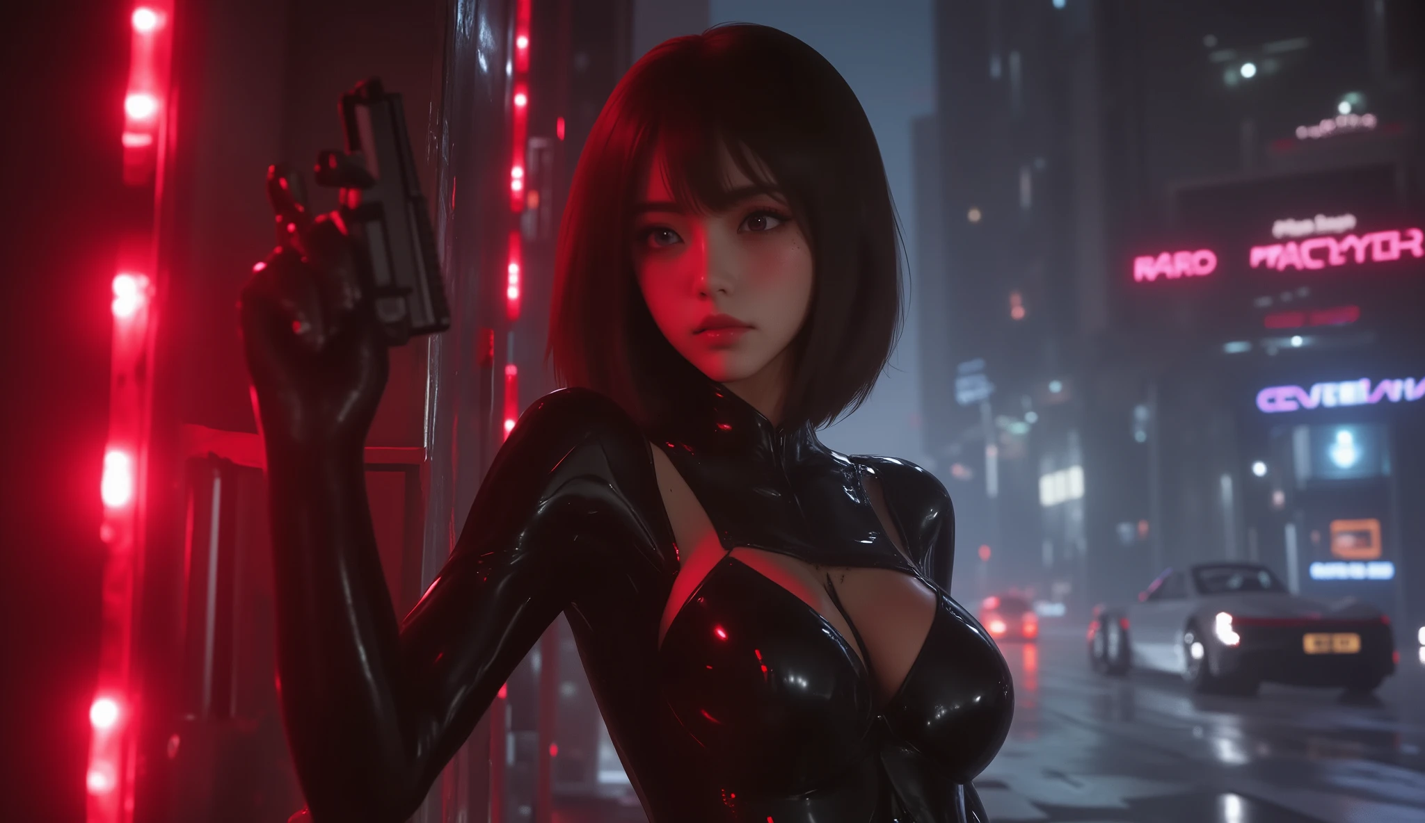 looking away, anime,  1girl , difficult 、  pose, Asian Beauty , Perfect Style, perfect body,  small head , frown, realistic skin, anatomically correct, sweat,  She's wearing a shiny black rider suit , ( she has her back in close contact with the wall:1.2), She's holding a handgun ,  She's on guard while being chased by enemies , She has a bruised cheek , Blood、Inside the mechanical wall building 、Red light, sparkle, cinematic lighting, glowing light, 8k, UHD, super detail, best quality,  highres, masterpiece, futuristic car on background, futuristic city, masterpeace, best quality, ((space ship on background))