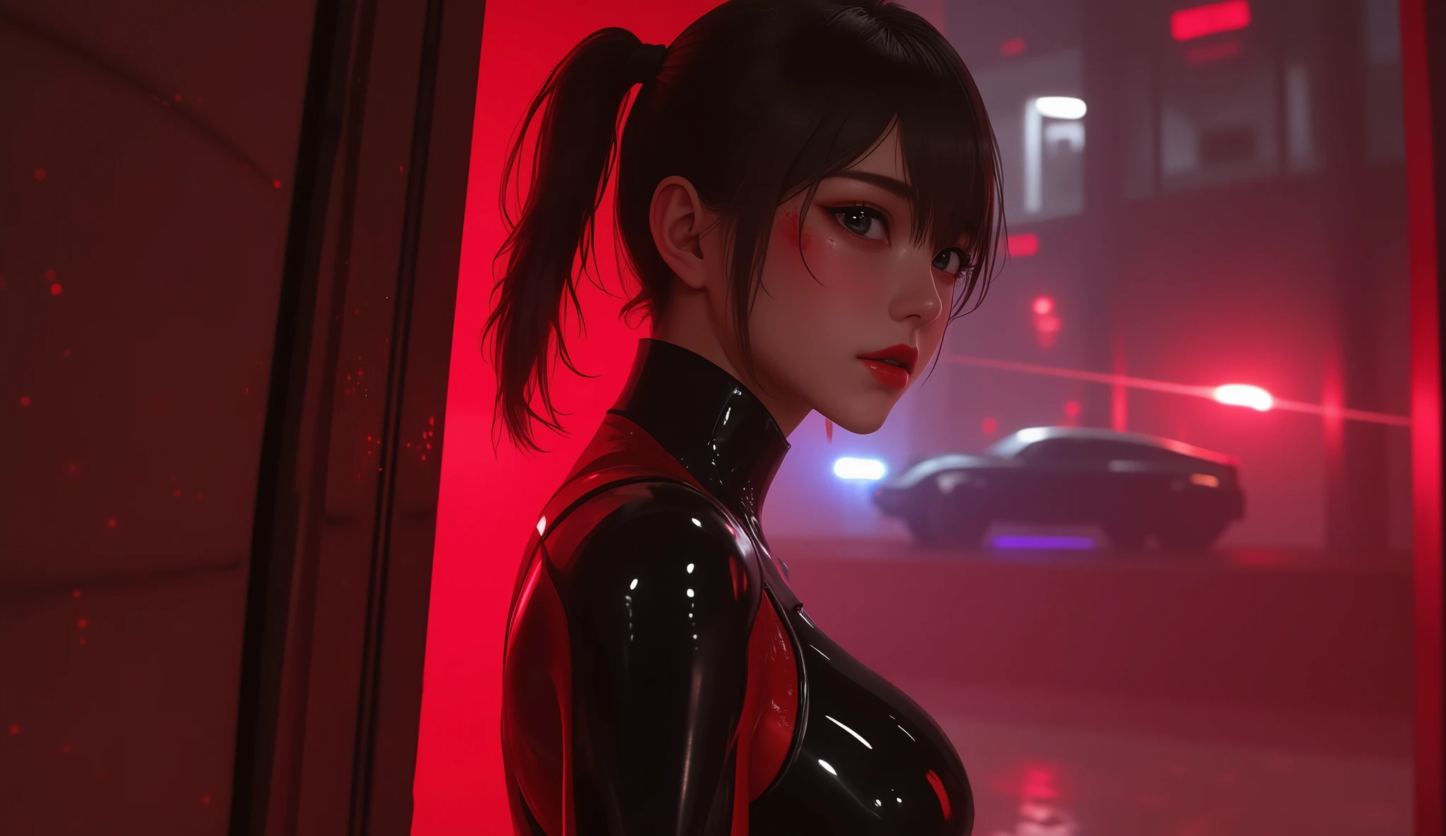 looking away, anime,  1girl , difficult 、  pose, Asian Beauty , Perfect Style, perfect body,  small head , frown, realistic skin, anatomically correct, sweat,  She's wearing a shiny black rider suit , ( she has her back in close contact with the wall:1.2), She's holding a handgun ,  She's on guard while being chased by enemies , She has a bruised cheek , Blood、Inside the mechanical wall building 、Red light, sparkle, cinematic lighting, glowing light, 8k, UHD, super detail, best quality,  highres, masterpiece, futuristic car on background, futuristic city, masterpeace, best quality, ((space ship on background))