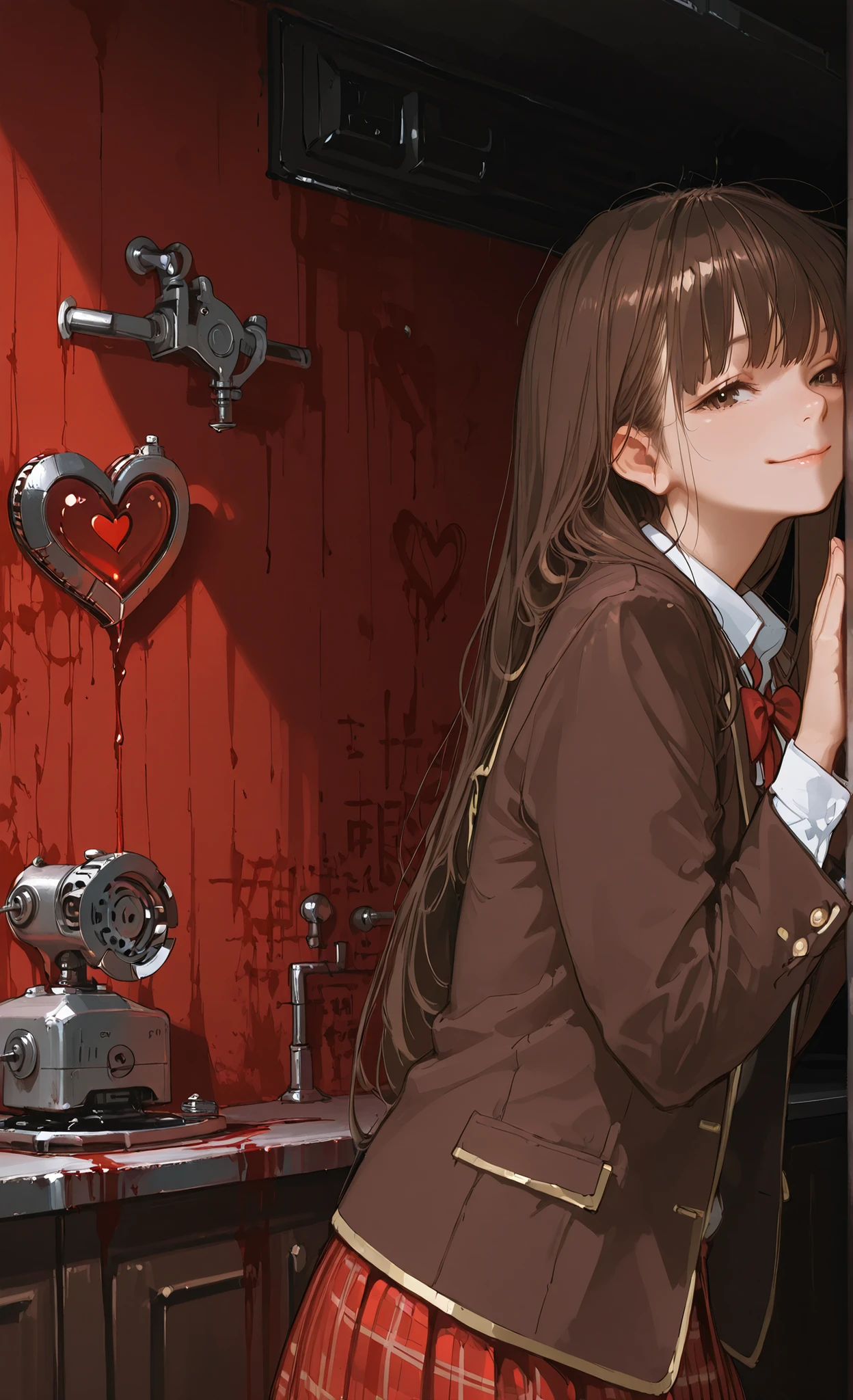 (masterpiece), (Highest Quality), (very detailed), (The best shape),(ridiculous), (realistic human faces), ( very beautiful),counter shading with front opening, 8k, 32K, high resolution,
( dark,living room,),(Bloody Wall :1.3)
,girls,solo,long hair,brown hair,bangs,シースルーbangs,Beautiful brown eyes,slit pupils,sleepy eyes,School Uniform,Brown Blazer,close,white shirt, red ribbon,red plaid skirt,
reaching ,heart-shaped machine( heart , machine, metal , screw winding ), dripping blood, disdain ,smile slightly