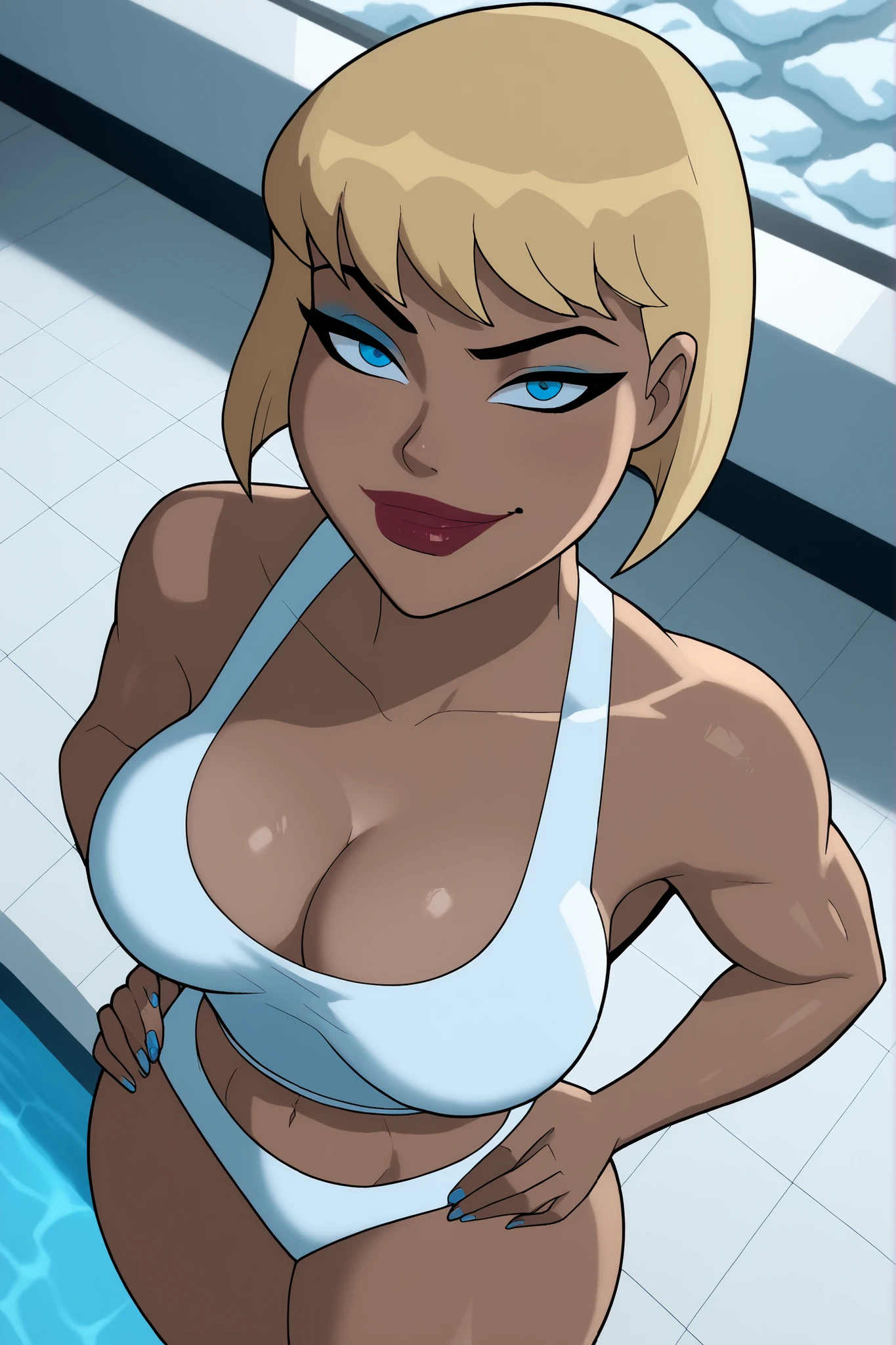 BREAK, score_6_up, score_7_up, score_8_up, score_9, g4l4t3a, 1girl, solo, short hair, bangs, blue eyes, blonde hair, lipstick, makeup, dark skin, dark-skinned female, very large breasts, busty, cleavage, curvy, athletic, muscular female, looking at viewer, seducing viewer, teasing viewer, seductive expression, smiling, closed mouth, bedroom eyes, icy white bikini top, icy white bikini bottom, indoors, pool, standing, closeup, portrait, upper body, high-angle view, blue eyeshadow, thick thighs, wide hips, hands on waist
