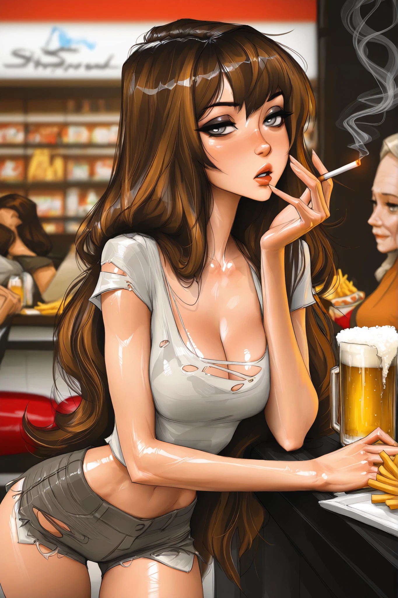 Michelle Trachtenberg, 20 year old woman,  1girl, skinny,  shiny brown hair, gray eyes, eyeliner,   , torn up jean shorts, , sam yang, shirow masamune art style, masterpiece, best quality, very aesthetic, movie quality, depth of field, soft saturation, focused subject, ,official style, shiny skin, closeup, medium beasts, smoking cigarette, beer, french fries, bar, uninterested 