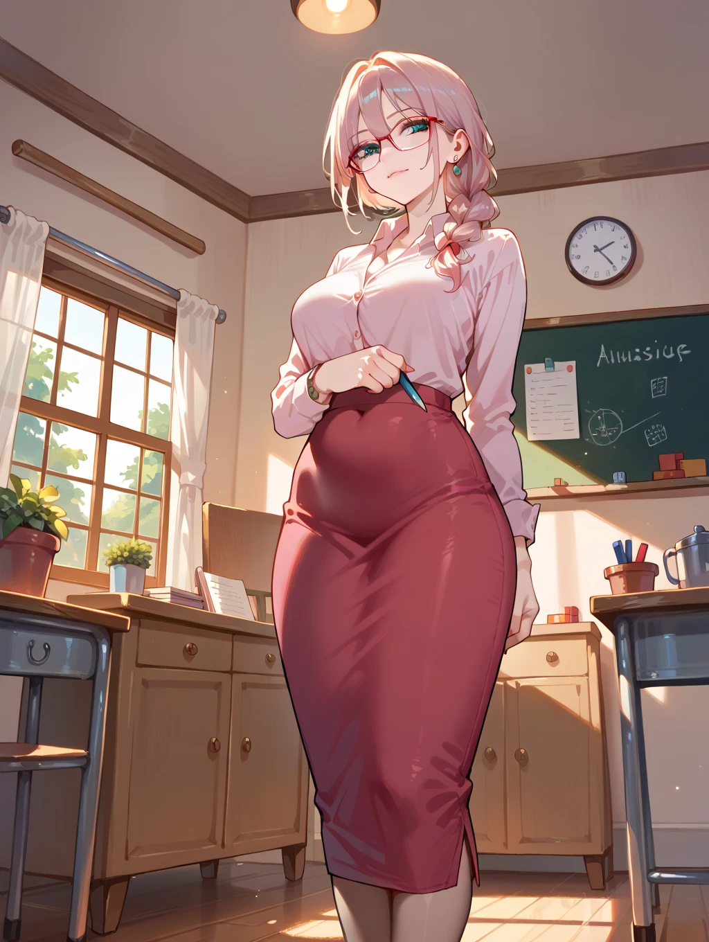 A sorority girl wearing a (big bulbous puffy ??????), heart emojis, classroom, chalkboard, maps, students, fishnet stockings, pretty eyes, facing viewer, seductive, flirty