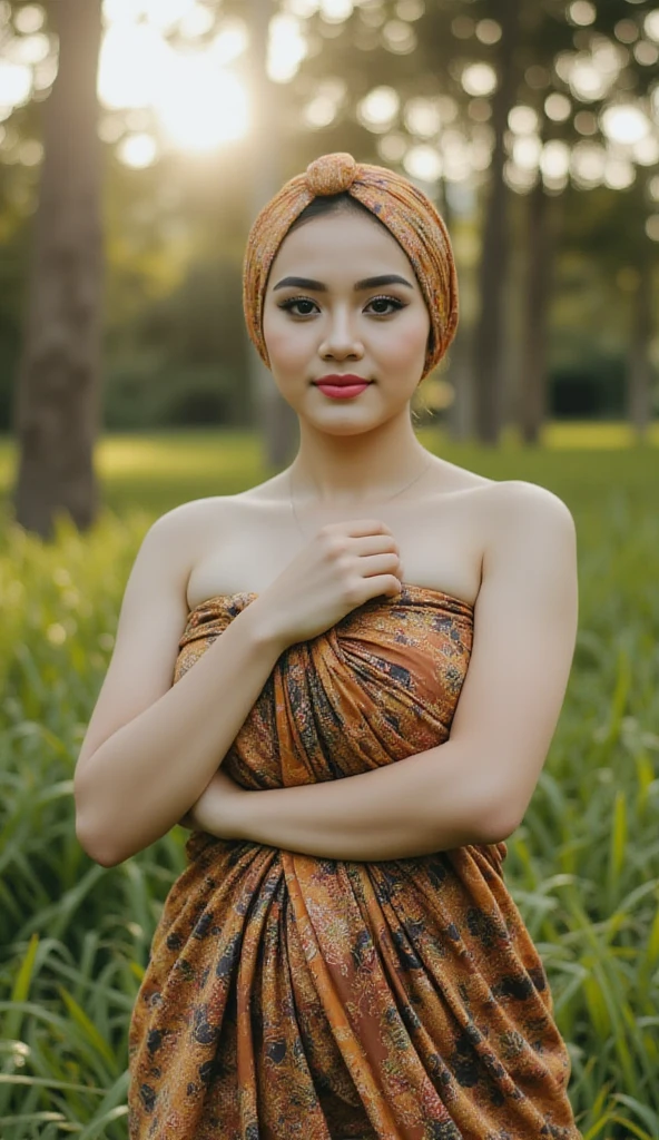 Beautiful, cute baby Face, 21 Years old indonesian girl, ((wearing batik hijab)) and full , Rounded medium Breast, slightly chubby, open breast, , , perfect , slightly Chubby , luxury necklace, White Skin, Smiling, flower garden Background, day light,mid shot, full body, Perfect Potrait, Bokeh Effect, Look at Viewer, big breast, ((adorable:1.4)), ((masterpiece:1.1)), ((bokeh:1.2))