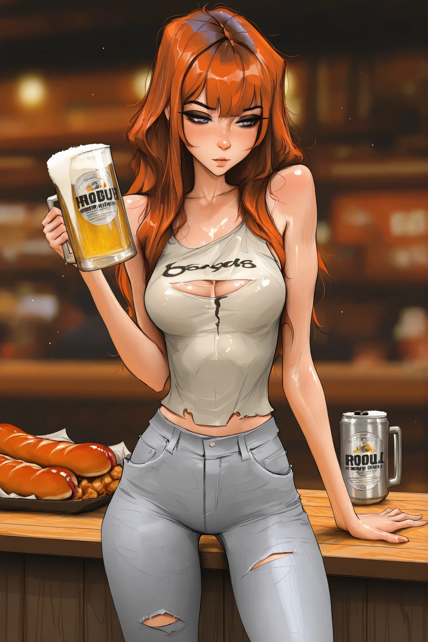 xsabux,Michelle Trachtenberg, 20 year old woman,  1girl, skinny, auburn hair, gray blue eyes, black eyeliner,   , torn up baggy jeans, , sam yang, shirow masamune art style, masterpiece, best quality, very aesthetic, movie quality, depth of field, soft saturation, focused subject, ,official style, shiny skin, closeup, bar top, beer, hotdog