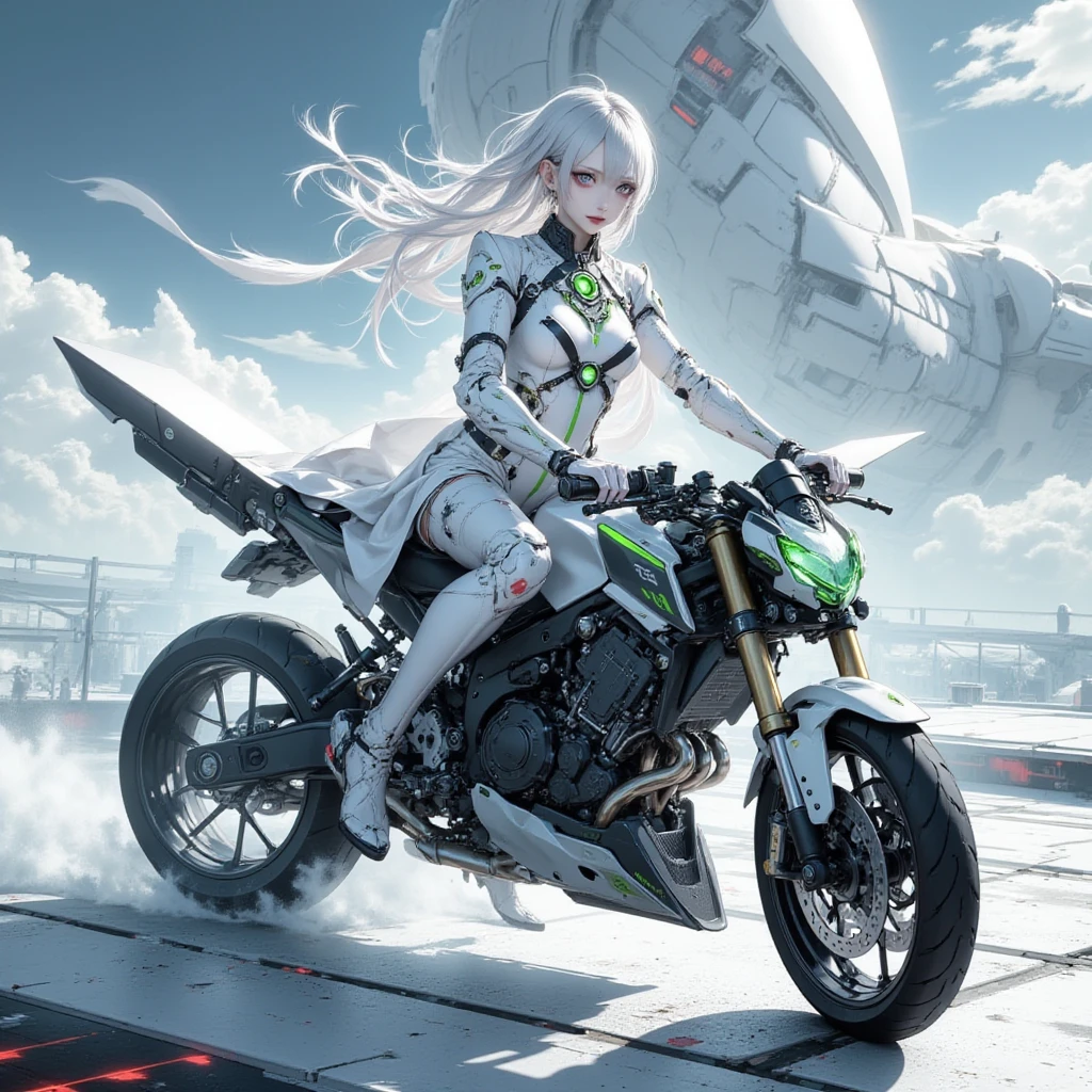 ((masterpiece)), ((best quality)), (ultra-detailed), ((high contrast)), (high saturation), (beautiful detailed eyes), ((an extremely delicate and beautiful)), (nice hands), ((perfect hands)), summer, outdoors, coast, rocky place, sandy beach, sea, girl riding a motorcycle, medium hair, blond hair, asymmetrical bangs, beautiful detailed glass hair, blue eyes, small , mechanical suit, ((gloss body)), (very shiny body), clear parts, jewelry, ornaments, gorgeous, luxurious, fabulous, illuminations scattered all over the body, illumination shines, robort, cyborg, android, , realistic, stereoscopic feeling, mecha musume, mechanical parts, super robot joints, full armor, headgear