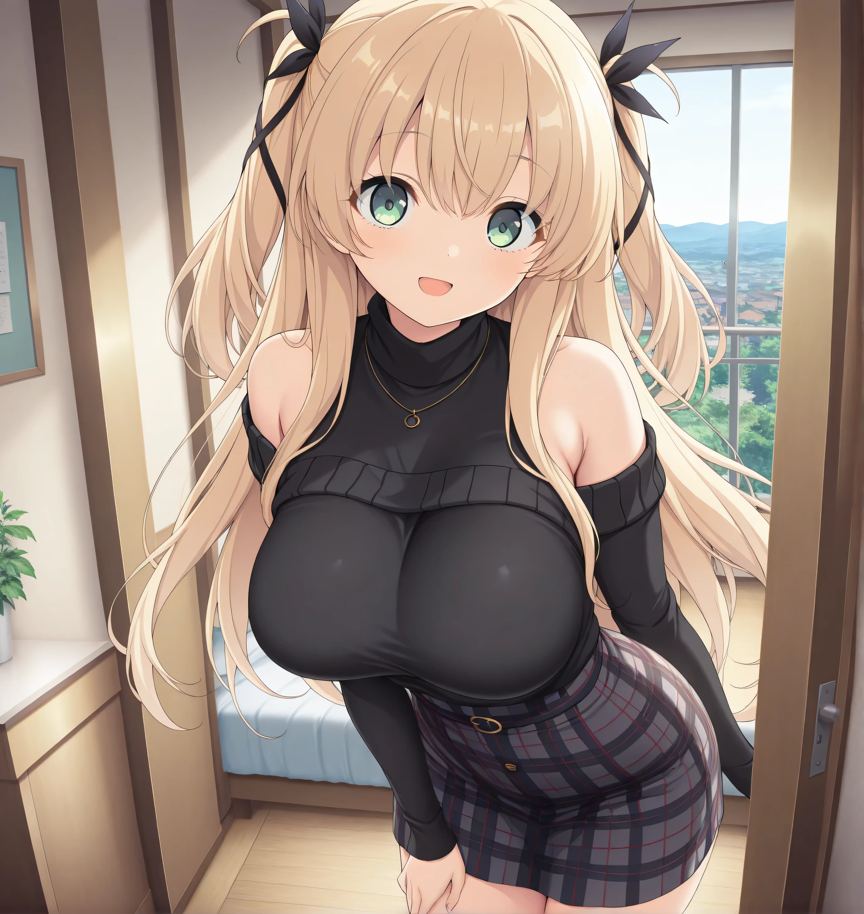 masterpiece, best quality, highres, scenery, newest, 1girl, official style, ren, blonde hair, green eyes, two side up, hair_ribbon, black sweaters, plaid skirt, looking at viewer, open smile, outside, fully shoulders, normal breasts, cute face, my breast is soft, room,