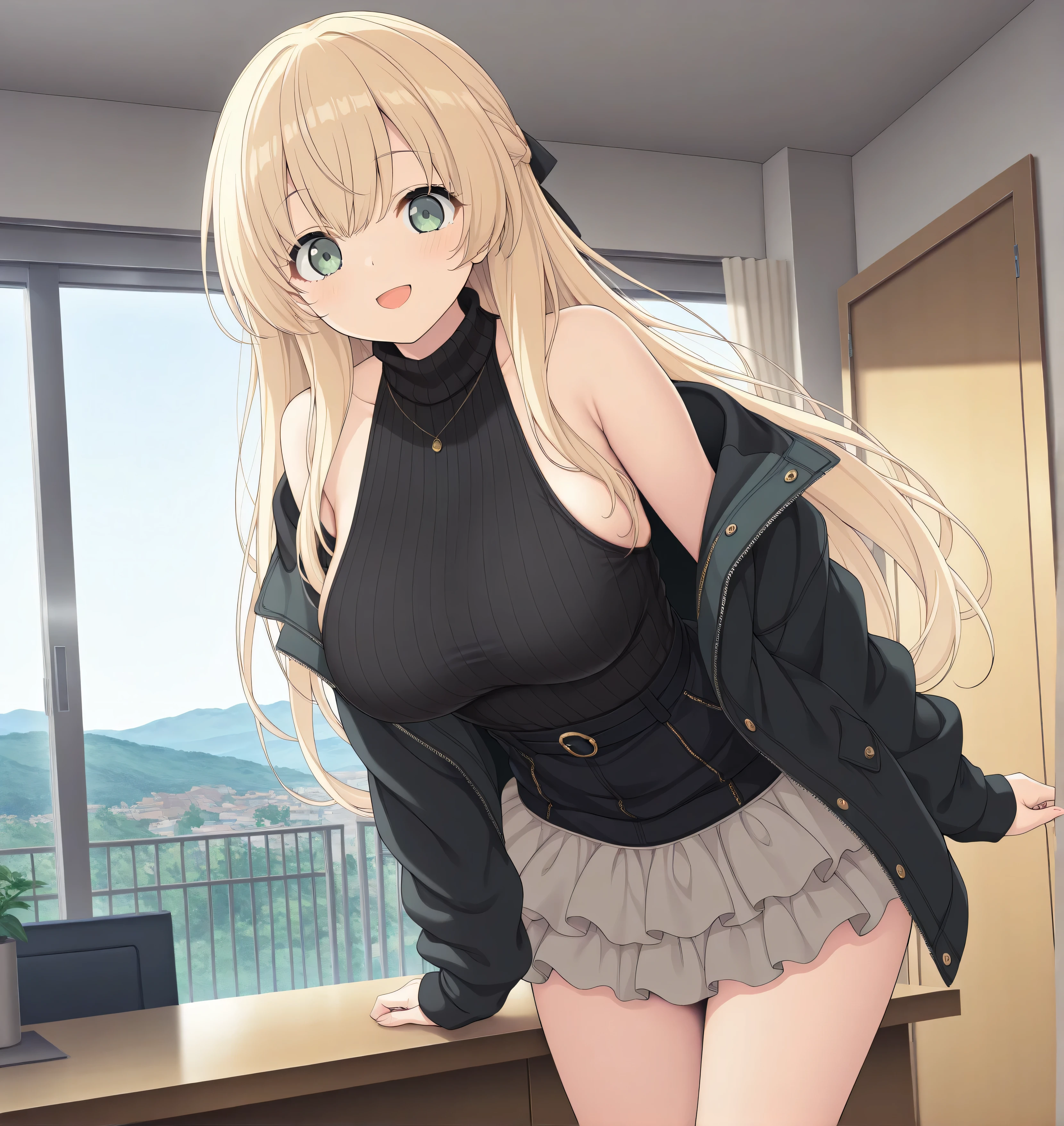 masterpiece, best quality, highres, scenery, newest, 1girl, official style, ren, blonde hair, green eyes, black sweaters, jacket, layered skirt, looking at viewer, open smile, outside, fully shoulders, normal breasts, cute face, doing poses, room,
