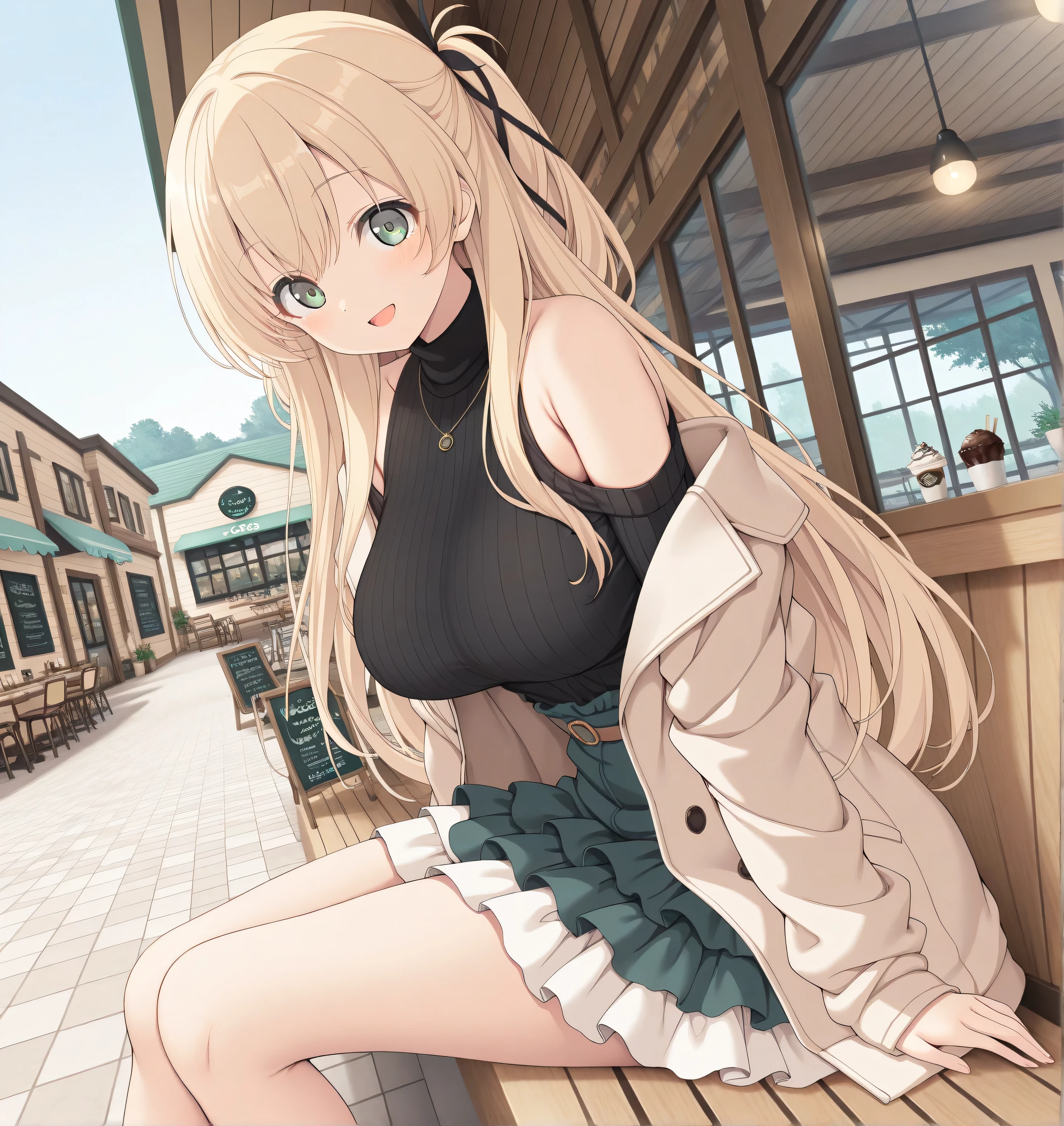 masterpiece, best quality, highres, scenery, newest, 1girl, official style, ren, blonde hair, green eyes, black sweaters, jacket, layered skirt, looking at viewer, open smile, outside, fully shoulders, normal breasts, cute face, doing poses, cafe shop, sit