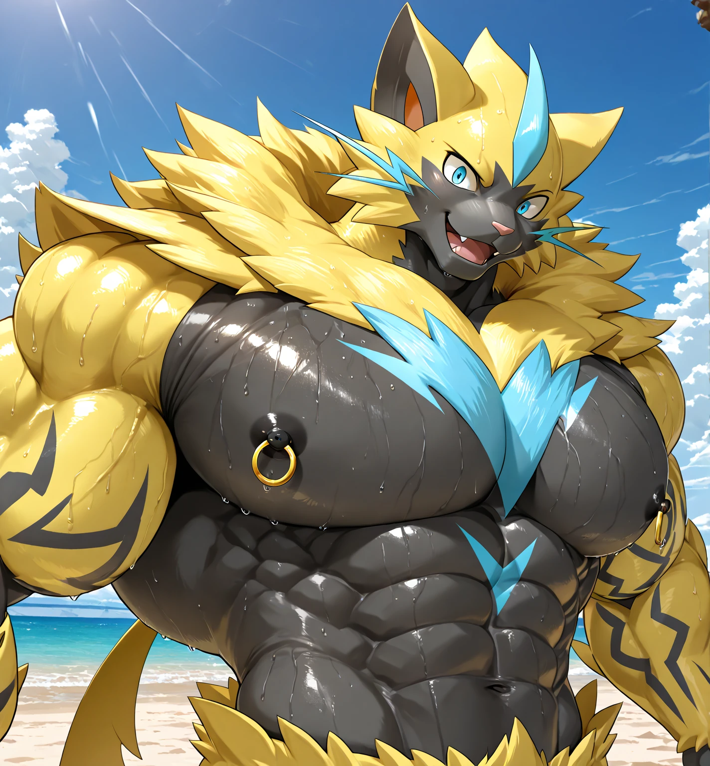 nj5furry, (Jolteon, massive, huge), Jolteon, ((extremely realistic shadows, masterpiece, extremely detailed, photorealistic)), kemono, Jolteon, ((detailed face)) yellow eyes, ((detailed eyes)), mischievous smile, fur, wears a white tiny ????? revealing huge muscular thighs; bulge in the ??????, beach, day, sun rays, sun, clouds, Height 2 meters high, the optimal height, tight clothing, body full of muscles; muscle pecs, ripped abs, V-shaped body, thick waist, long legs, strong arms manly, handsome face, attractive cool calm face type with a cold smile, bodybuilder body, ???????.