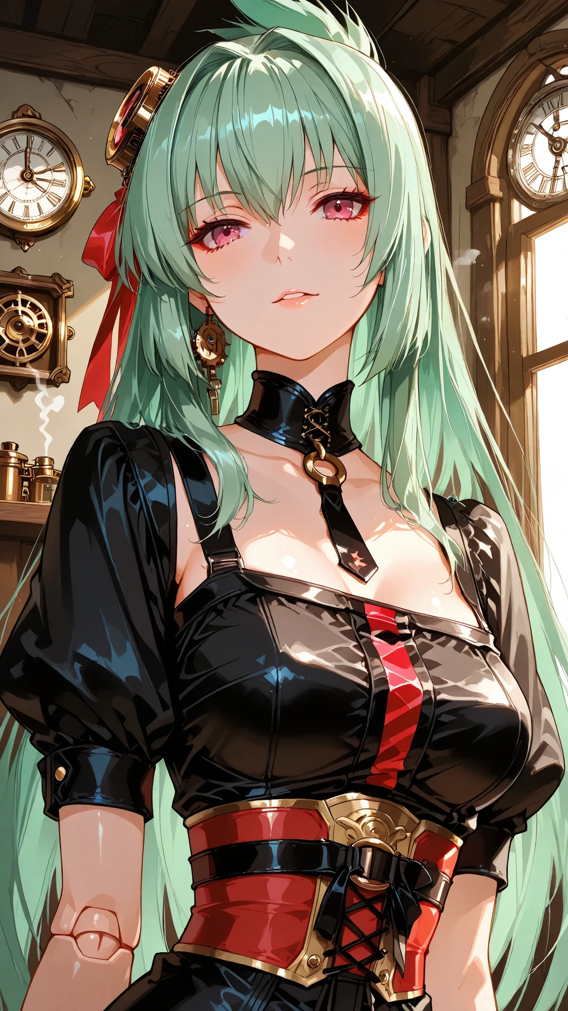 solo, kanzaki_saya, long hair, green hair, mature woman, Tight waist、Small waist、shiny Skin , (upper body), sexy, score_9, score_8_up, score_7_up, source_anime,(extremely detailed CG), (best quality) , sexy, a female automaton in a Victorian-era workshop filled with gears and pipes. His chest plate is open, exposing a complex clockwork heart of brass and copper. He is carefully tightening a gear with a small, ornate wrench. Puffs of steam occasionally escape from his joints. warm lighting, intricate details, steampunk, oil paintings style