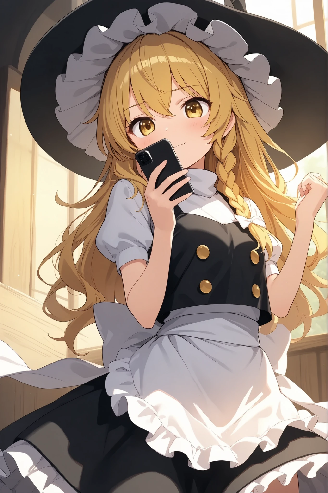 (Quality, 4k, A High Resolution, Masterpiece), Marisa Kirisame, blonde hair, long hair, side braid, golden eyes, holding a smartphone