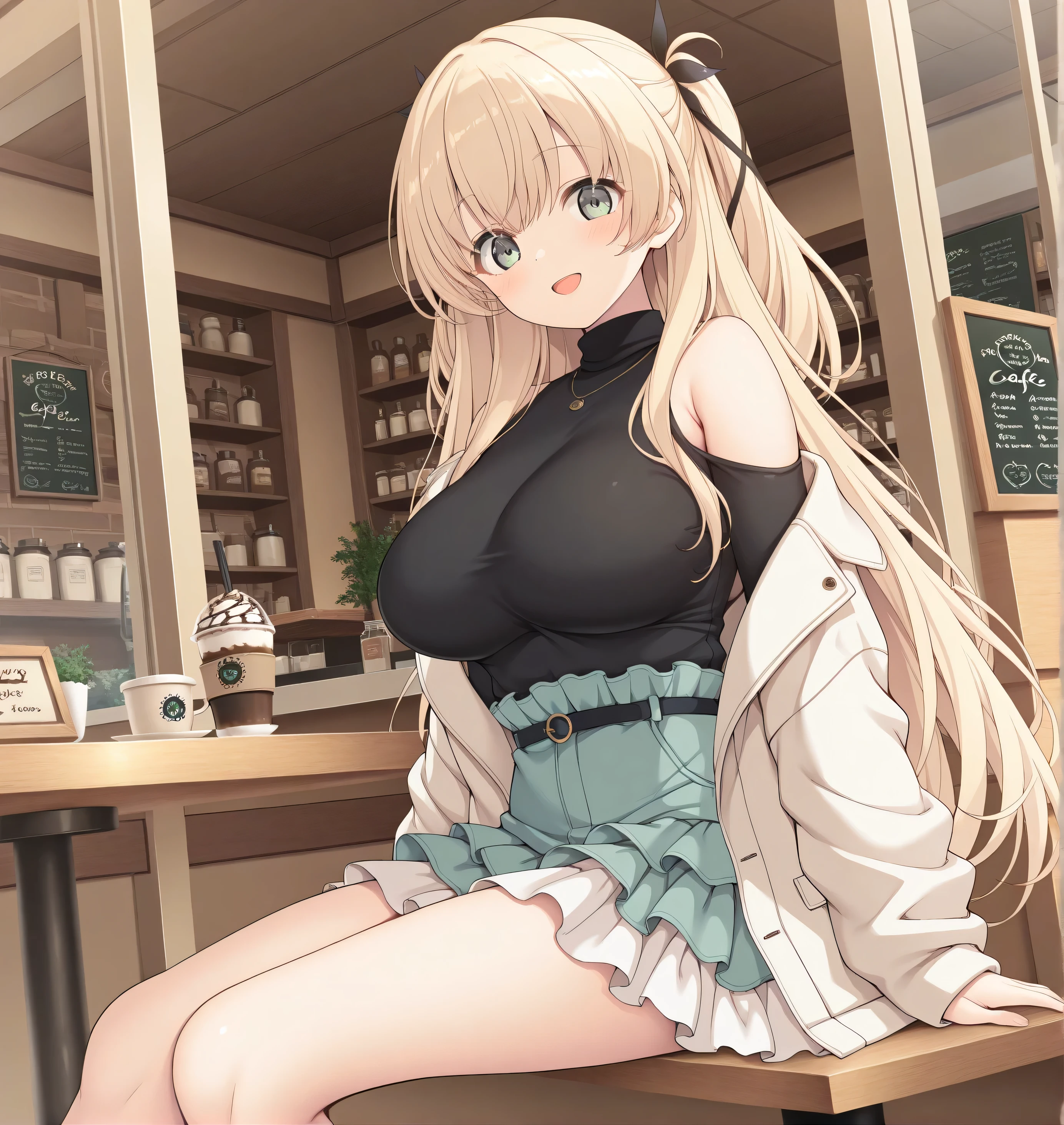 masterpiece, best quality, highres, scenery, newest, 1girl, official style, ren, blonde hair, green eyes, black sweaters, jacket, layered skirt, looking at viewer, open smile, outside, fully shoulders, normal breasts, cute face, cafe shop, sit