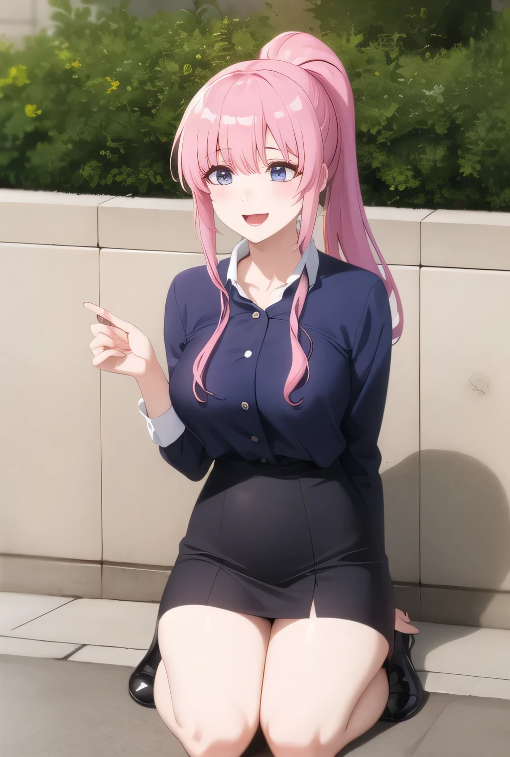 can you draw facial expressions more Clearly , Clearly , Delicately,  and brightly colored ,Smile Yang,in、they look at me and smile in a huge breasted costume,ponytail with bangs with a constant expression,Can you draw a woman with long pink hair，素敵なSmile Yangを描くことがinきますか,，white big breasted blouse，navy blue mini skirt,boots，Barefoot，amazing thighs ，Beautiful legs，，OL ，pink hair long hair，Let's draw a more delicate expression，優しいSmile Yangの女性たち，アニメCGが必要inす，face trimming is prohibited，Alone，I'm standing in the fountain park， Sunny，，,Even if my breasts are big and my waist is thin，CG，Alone，bright color使いin解剖学的に正確な手と足の表現，Qi CG，, bright color，miniskirt costume，Do you need animated CG and can you Delicately draw eyes and nose with、