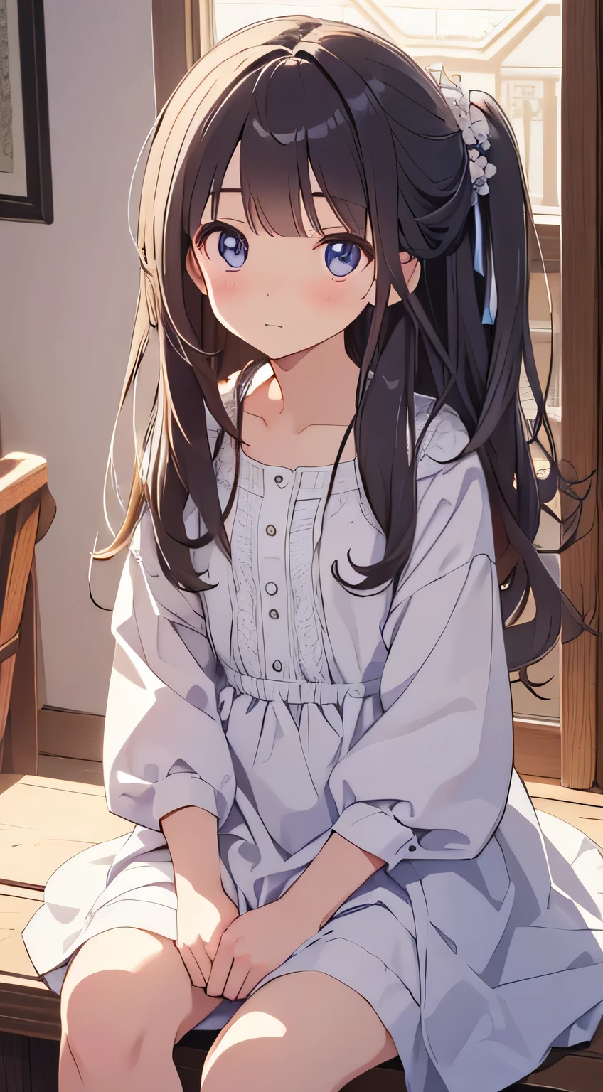 Masterpiece、Highest quality、highest quality、(((Lori)))、 ((Petite))、Shiny hair quality、Small face、Sitting、Super detailed, beautiful, wide eyes、Ultra-detailed, clear and beautiful faces、(cute illustration:1.2), High-resolution, ultra-detailed, best quality, embarrassed