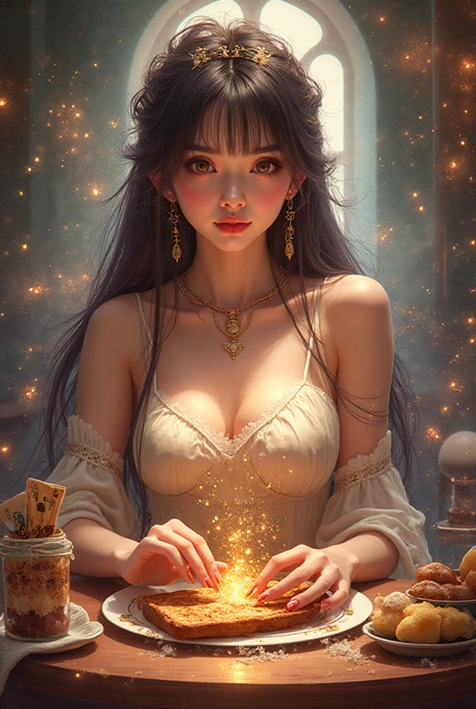 1 woman (Lalisa Manobal, age 25,sheer airy colorful dress) is a seductive witch, seduction magic cast at Conan, ???? poses, high fantasy, exotic bedroom loads of candles and animal furs
