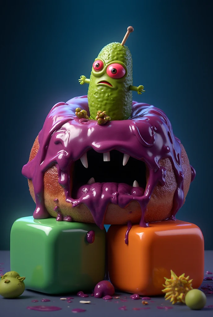 Pickle Creature A glossy 3D cartoon horror scene with a giant melting jelly donut ...