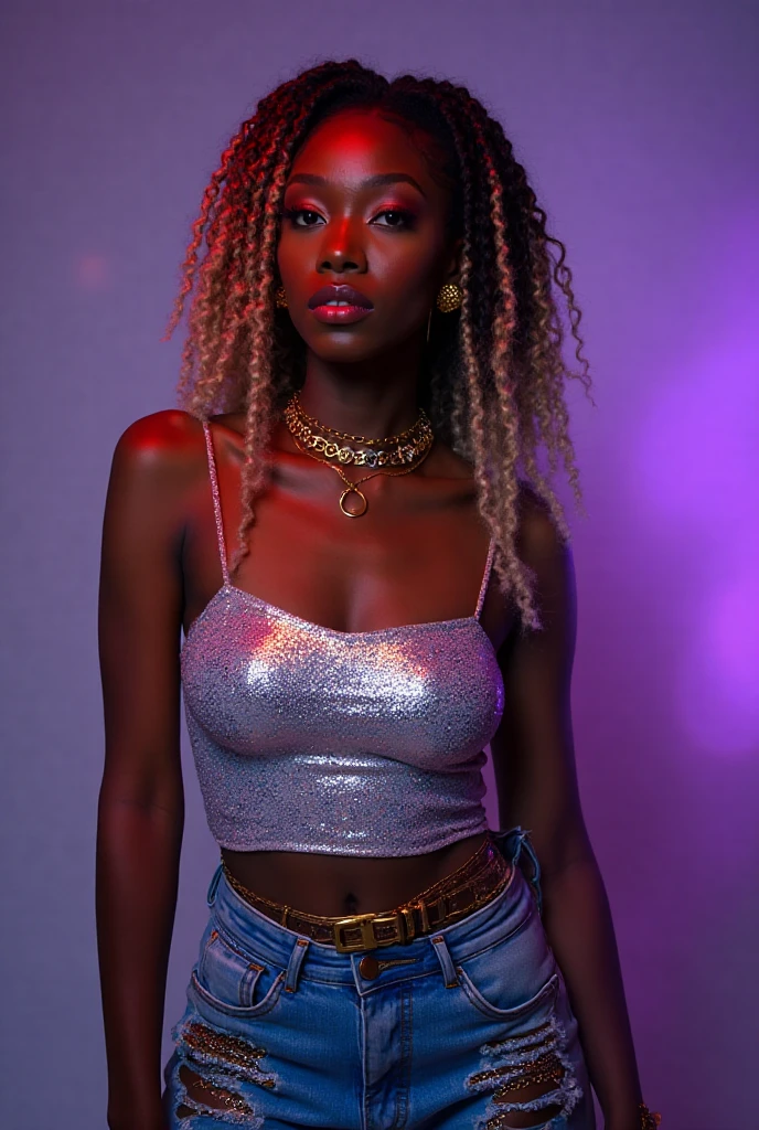 Watercolor and metallic touches, por ebony, lindo e poderoso, with iridescent purple glitter sweater. Entre luzes de discoteca