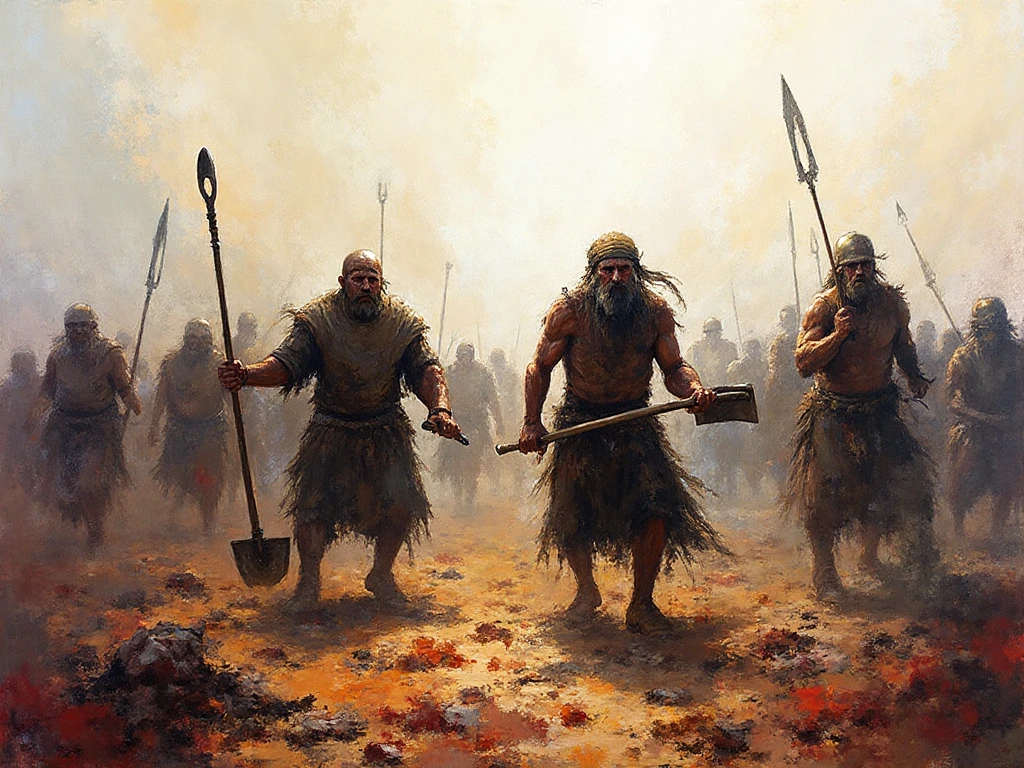 Neanderthals wearing animal skin clothing，Four Neanderthals，Two squatting on the gravel，Two people carrying animals，Amazon tropical forest,Background Author：Randolph Caldecott, (watercolor painting, masterpiece, line art, illustration art, Professional line art, Super complex and detailed, Chinese painting，8K:1.3)