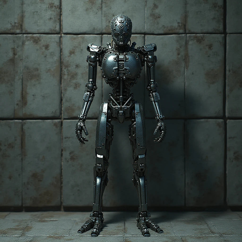 industrial, a male humanoid made of polished steel with mechanical body parts and robotic arms,looking at the camera, hinges with chains, neutral background 