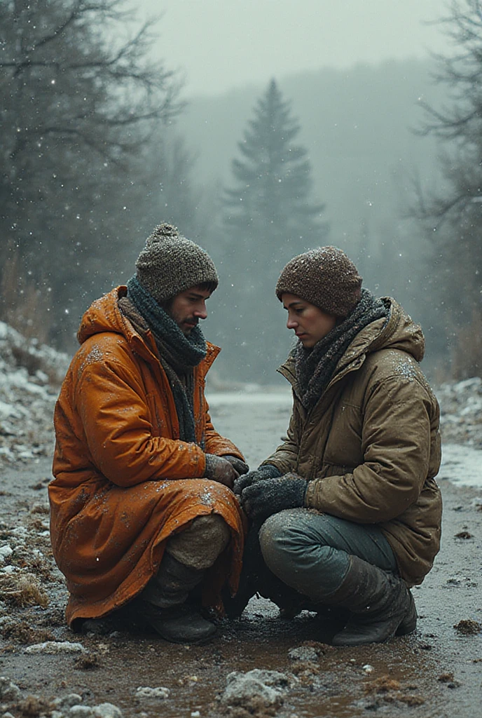 he is really collapsing with pain, he is really fainting, she is holding him up, he is hanging on her shoulder, they are standing very close together, his hand is lying on her shoulder, arm-in-arm, she has her hand around his waist, she is wearing shiny leather pants, she is grabbing his waist, a man in a white tanktop, a shorthaired blond man, a girl in shiny leather pants, a shorthaired blond man in a white tanktop, a brownhaired woman with a very desperate  expression, a brownhaired woman in a high shine blue and red nylon-coat, there is a young couple standing arm-in-arm, there is a brownhaired attractive woman wearing a high-shine nylon-coat, a wetlook nylon-coat, a brownhaired woman is crying with sorrow, a brownhaired woman is holding an injured shorthaired boy, there is a boy in jeans and tanktop hugging a brownhaired woman that is wearing a very shiny padded laquered coat, a shorthaired blond boy has a painful face and cannot walk, there is a brownhaired girl giving support to an injured shorthaired boy, a wounded blond and shorthaired boy cannot walk and has to be supported by a girl, he grabs her shoulder, he has his arm around her shoulder, his hand is on her shouder, a sad looking girl ia carrying a wounded boy, masterpiece, jeans, boy in a white cotton tanktop, super detailed background, detailed face, brown eyes, crying out, tears, desperation, pain, agony, accident pose, dramatic suffering pose, hands detailed hands