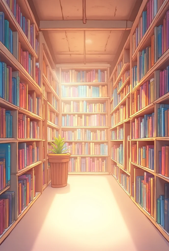 anime style library interior, wooden shelves filled with colorful books ...