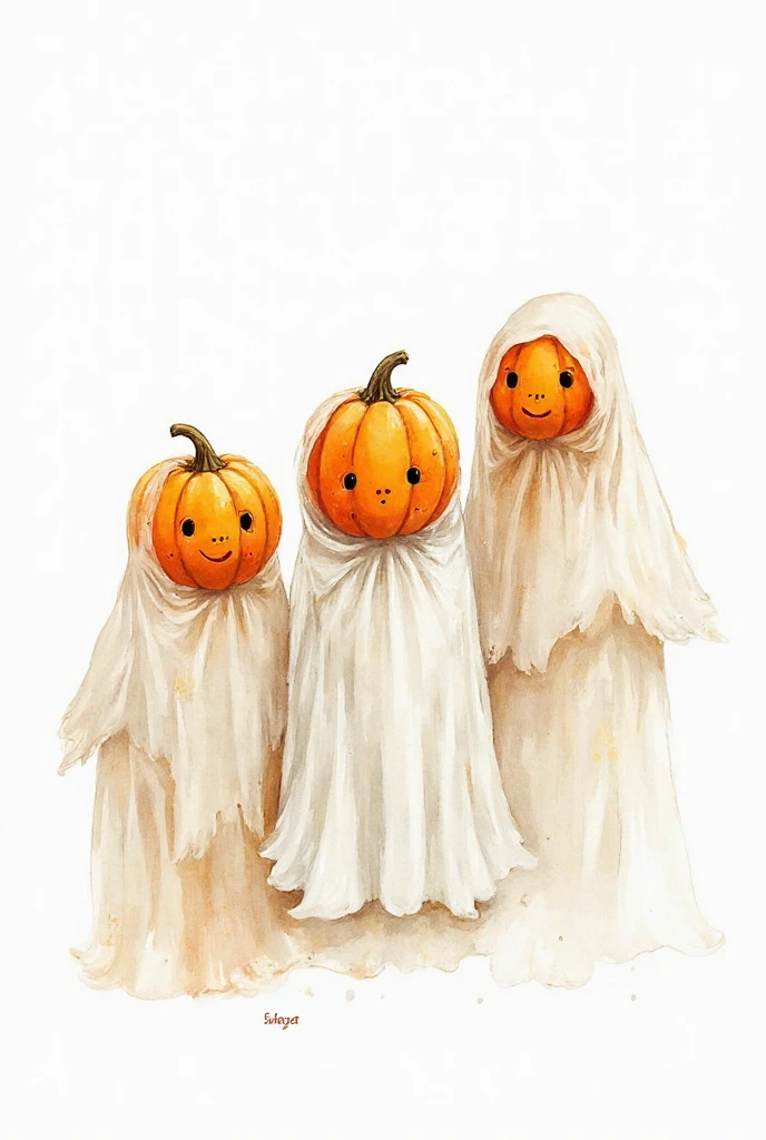 Three smiling ghostly figures with white hats and orange pumpkins. A textured, autumnal background with splashes of orange and brown. Warm tones of orange and brown, with a soft, earthy feel. H