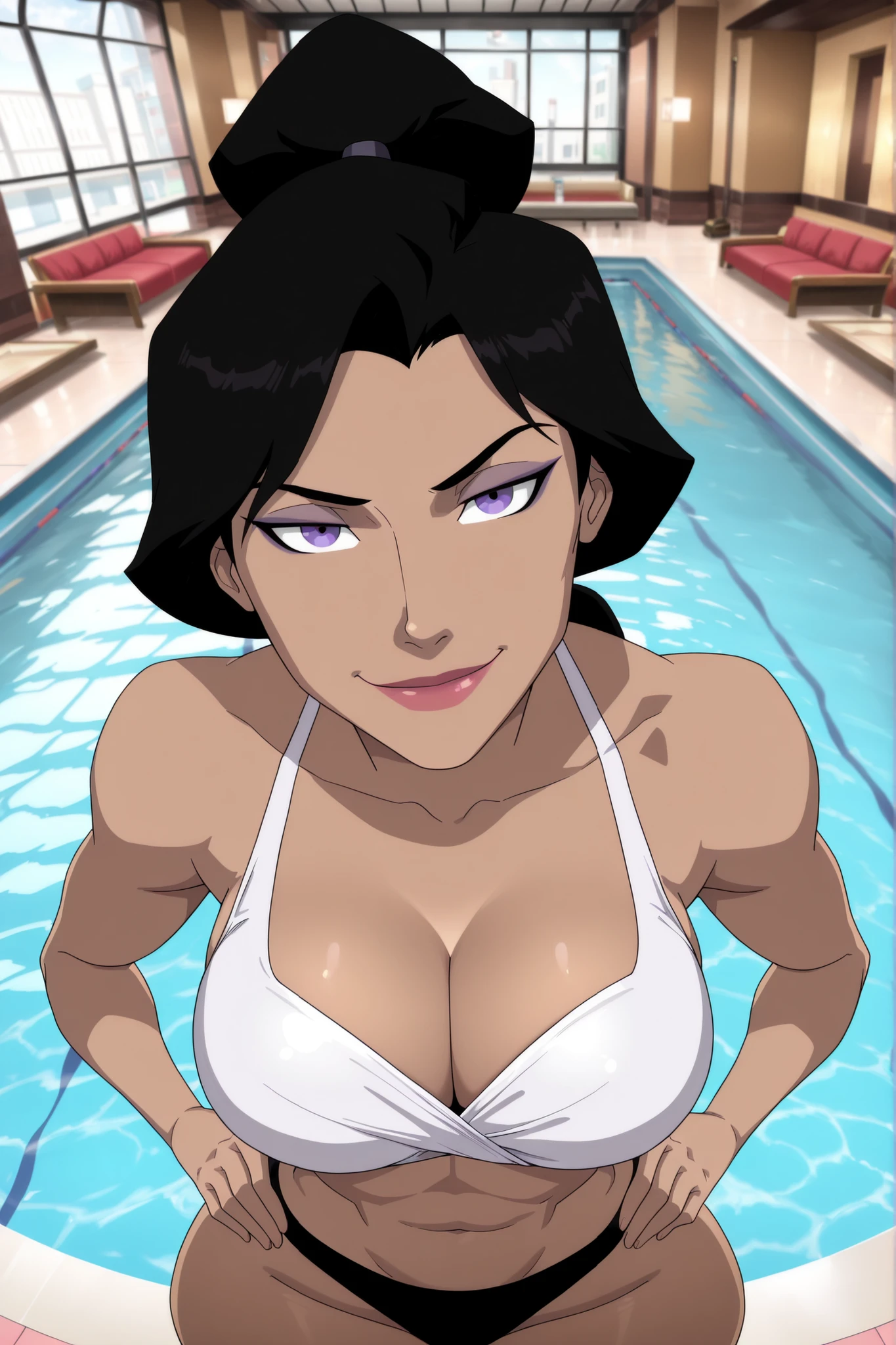 ((parody), perfect anatomy, perfect eyes) BREAK lois lane, black hair, ponytail, purple eyes, lipstick, makeup, ((looking at viewer)), very large breasts, busty, cleavage, curvy, athletic, white bikini top, black bikini bottom, teasing viewer, seducing viewer, pool, indoors, standing, closeup, portrait, smiling, seductive expression, bedroom eyes, upper body, portrait, closeup, high-angle view, dark purple eyeshadow, thick thighs, wide hips, hands on waist