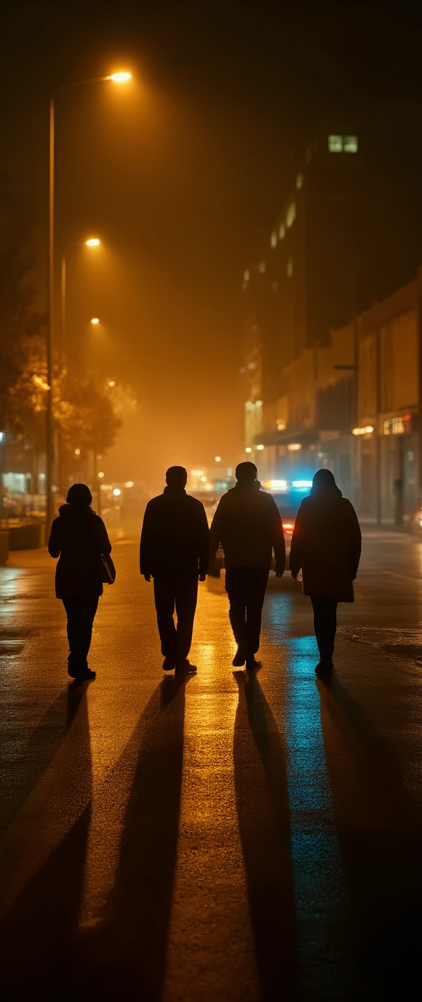 high-definition images、Under the city street lights at night、The shadows of the 4 people wobble、and I can only see shadows on the other side of the patrol car、