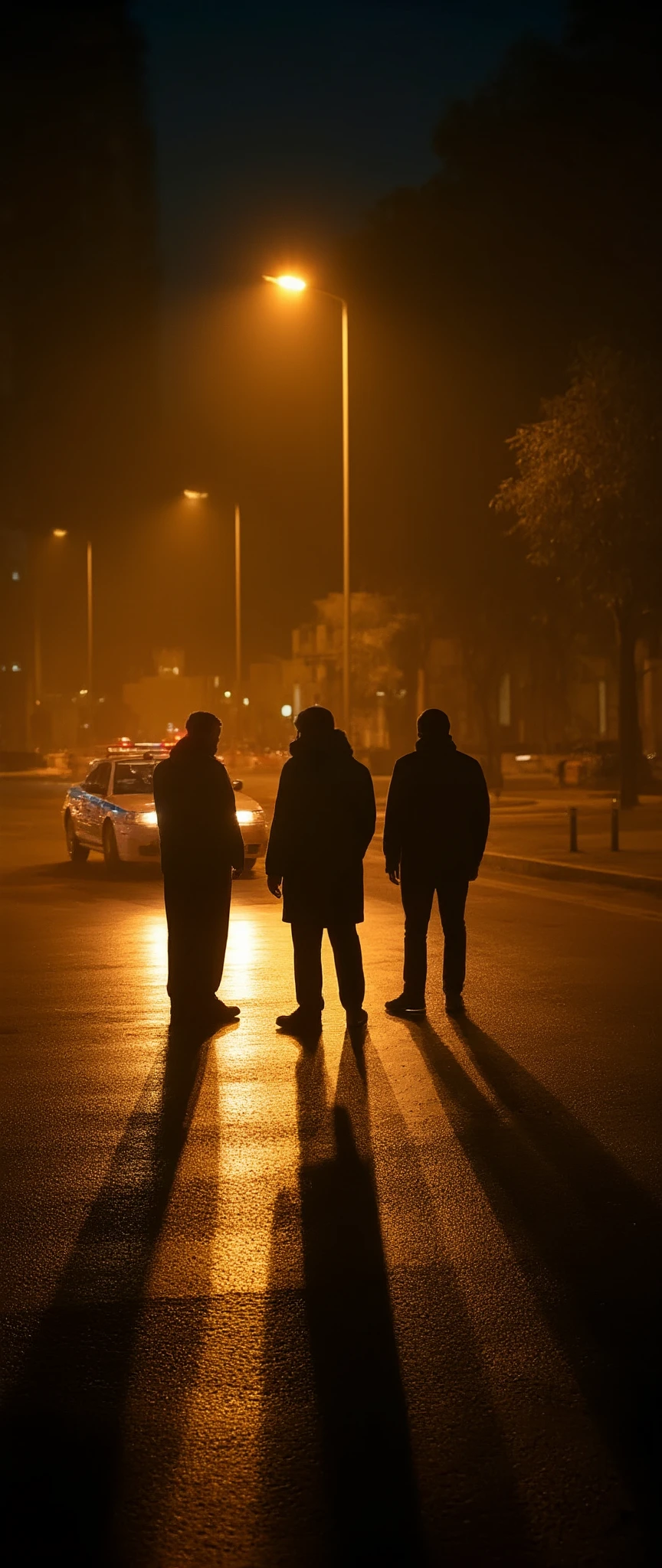 high-definition images、Under the city street lights at night、The shadows of the 4 people wobble、and I can only see shadows on the other side of the patrol car、