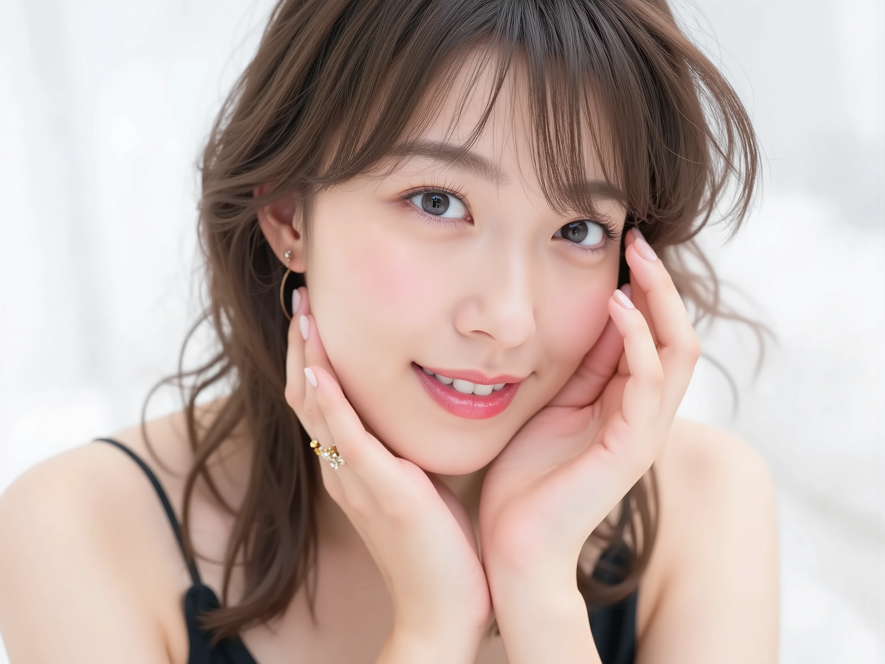 (Refined from an old photo, recreated in a modern, ultra high-quality photorealistic style, with a trendy Reiwa-era hairstyle: soft semi-long hair with natural waves and airy see-through bangs),
Ultra photorealistic close-up portrait of a beautiful Japanese woman,
upper-body shot, wearing a black outfit (completely out of frame, not visible),
shoulders and collarbone softly exposed,
both hands pressing her cheeks in a shy, lovestruck pose,
sparkling eyes gazing dreamily at the viewer with overwhelming affection,
cheeks blushing deeply with a sweet reddish glow,
soft glossy lips curved into a bright, full, lovestruck smile,
expression melting with love, playful, dreamy, adorably bashful,
purely cute and lovestruck, overflowing with affection and warmth,
realistic skin with detailed pores, subtle freckles, natural uneven tones,
tiny imperfections for realism, soft peach fuzz visible,
hair rendered with individual strands, slightly messy flow, natural matte shine,
soft diffused cinematic lighting, natural depth,
background pure white with gentle blur,
(masterpiece, best quality, high resolution, intimate romantic close-up, cinematic magazine cover style)