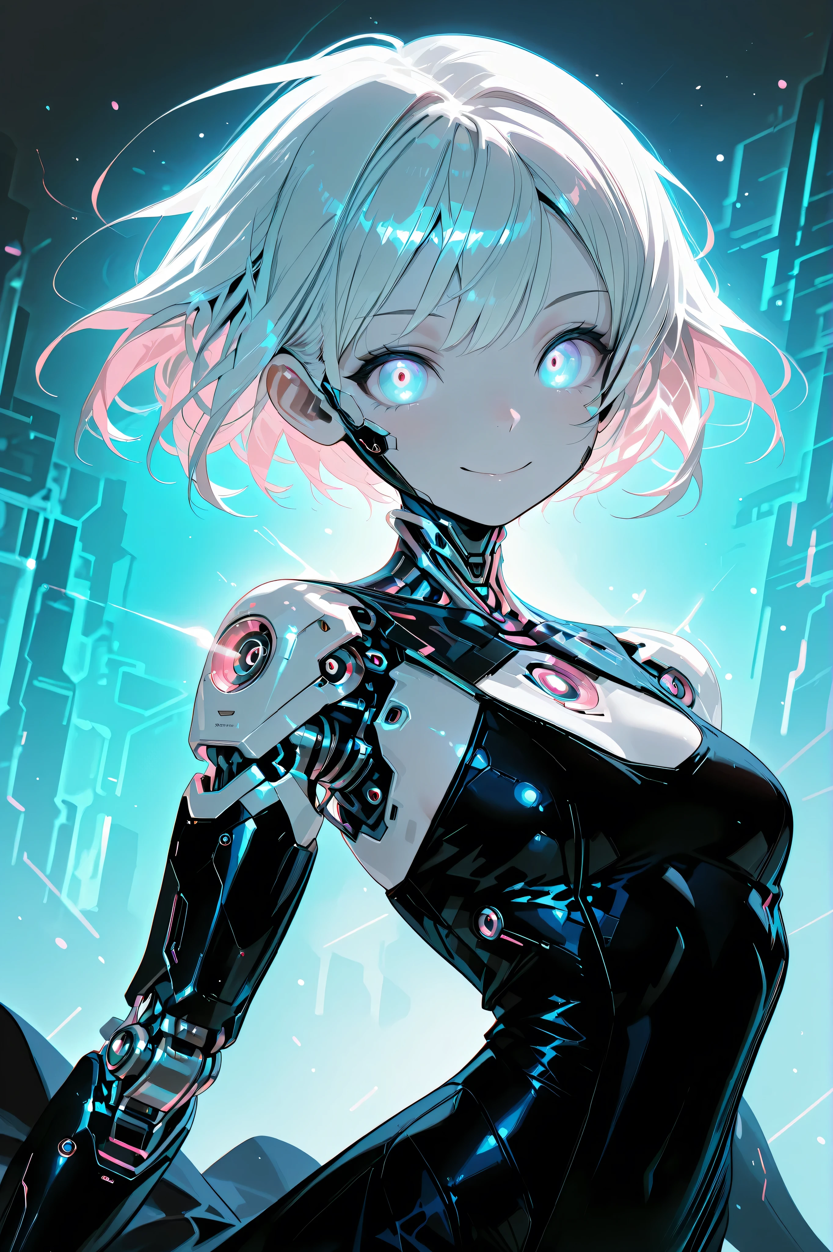 a cyborg girl looking at the observer and smiling, cybernetic android woman, cheerful expression, Perfect face, bright eyes, charming smile, silky short hair, soft skin, athletic figure, robotic prosthesis, futuristic dress backgrounds, Abstract digital background, bright light effects, conceptart cyberpunk style, high quality digital illustration, 4k,ultra detailed, physical rendering, vibrant colors