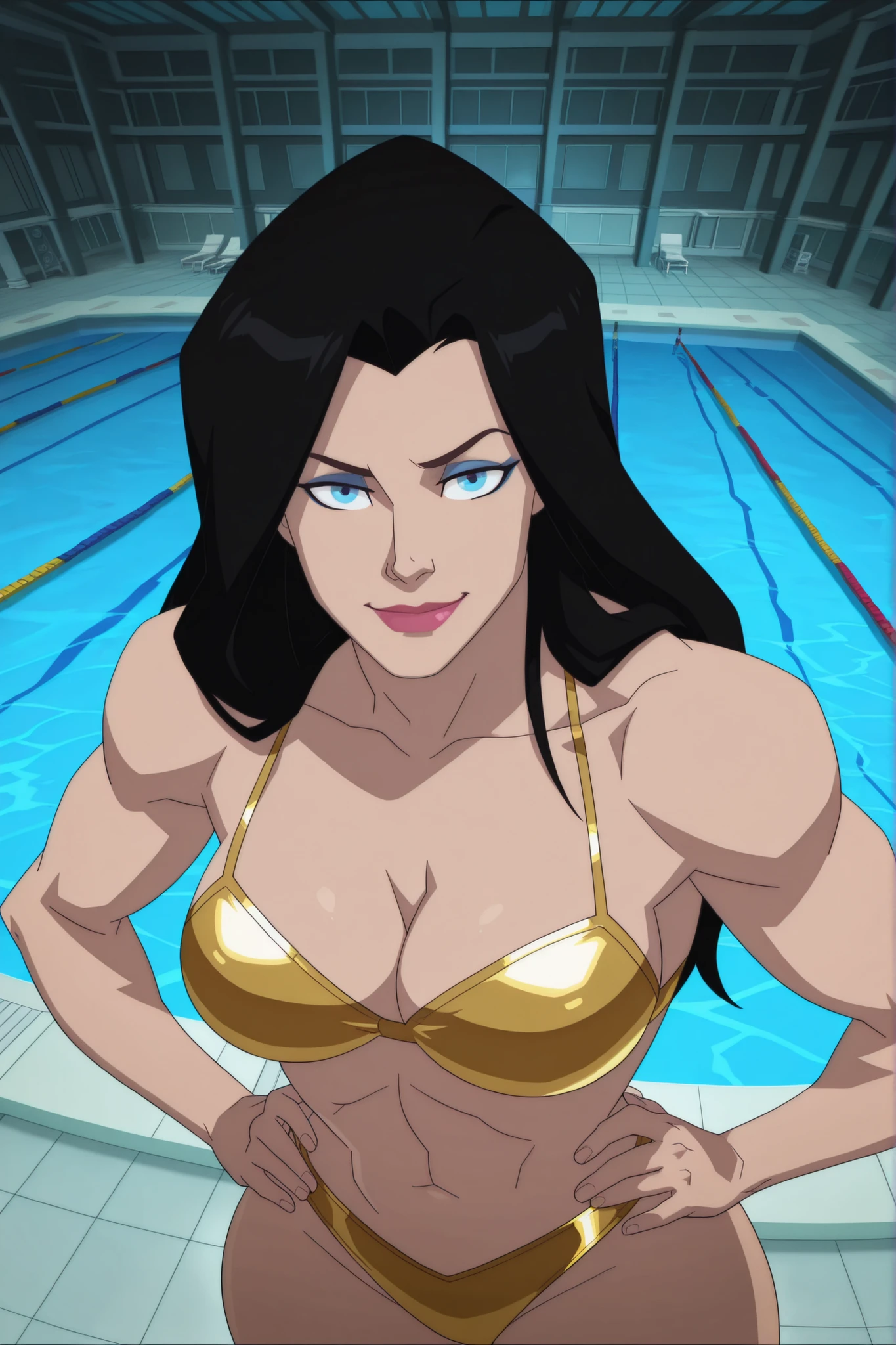 BREAK, score_6_up, score_7_up, score_8_up, score_9, 1girl, solo, long hair, blue eyes, black hair, bare shoulders, blue eyes, muscular female, midriff, bare shoulders, lipstick, makeup, wwBl00d, very large breasts, busty, cleavage, curvy, athletic, looking at viewer, seducing viewer, teasing viewer, seductive expression, smiling, closed mouth, bedroom eyes, gold bikini top, gold bikini bottom, indoors, pool, standing, closeup, portrait, upper body, high-angle view, blue eyeshadow, thick thighs, wide hips, hands on waist