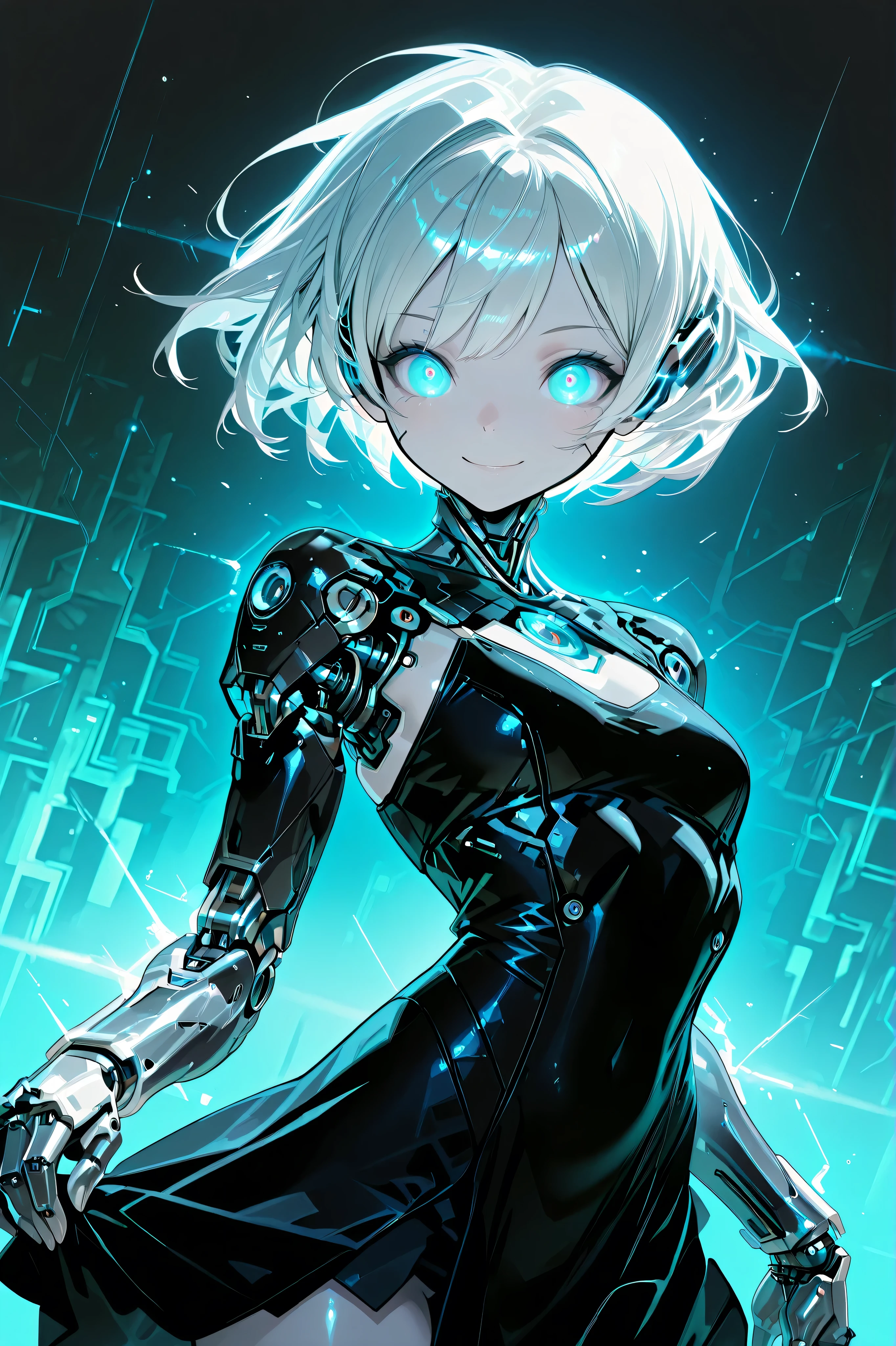 a cyborg girl looking at the observer and smiling, cybernetic android woman, cheerful expression, Perfect face, bright eyes, charming smile, silky short hair, soft skin, athletic figure, robotic prosthesis, futuristic dress backgrounds, Abstract digital background, bright light effects, conceptart cyberpunk style, high quality digital illustration, 4k,ultra detailed, physical rendering, vibrant colors